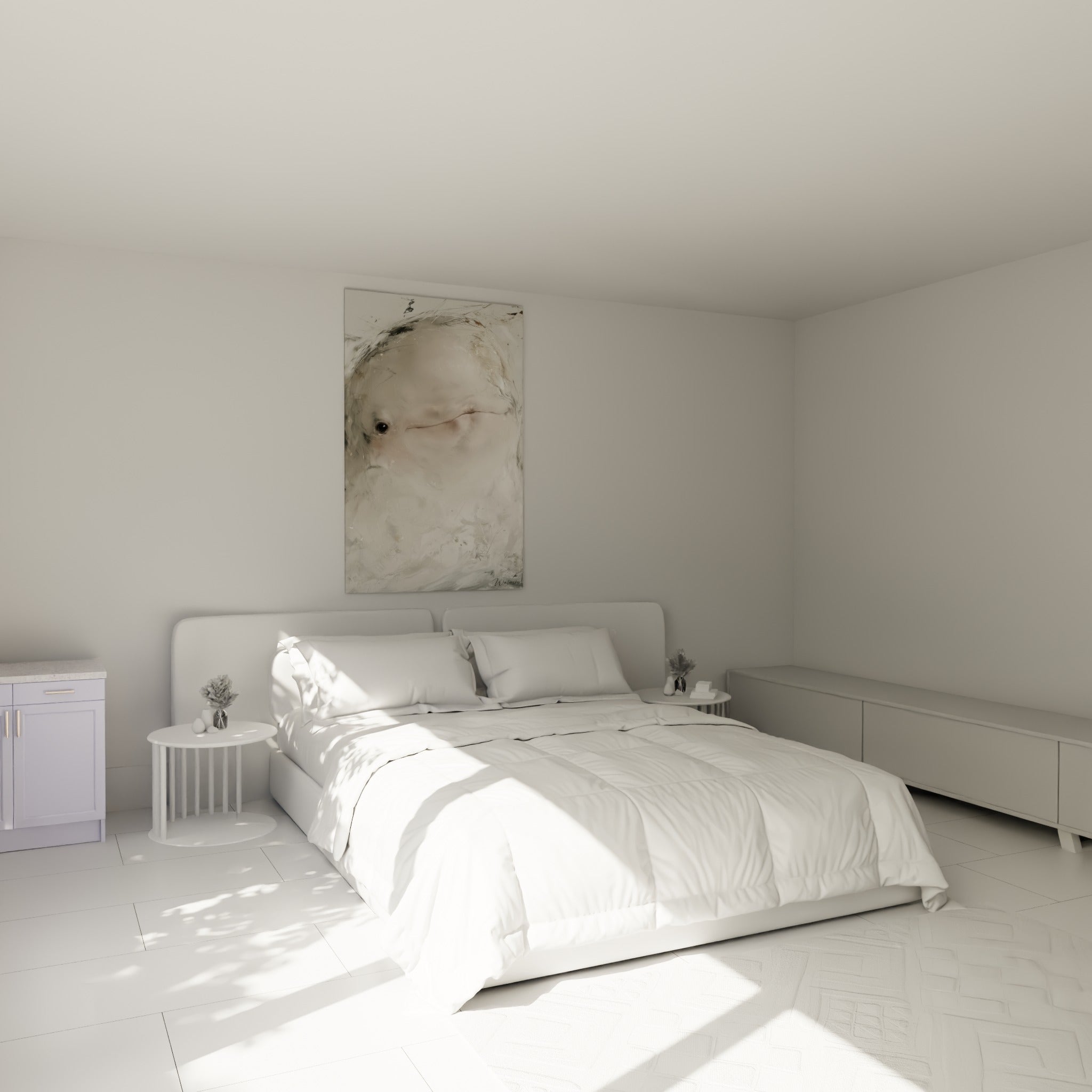 Silhouette de beluga gris perle et blanc cassé, œil intense, au-dessus d'un lit dans une chambre claire