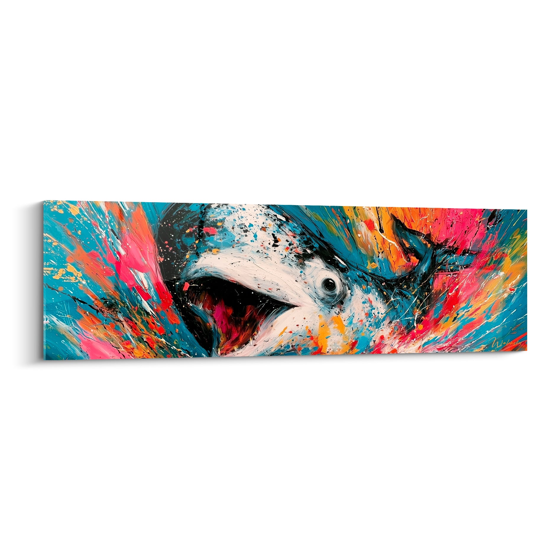 Beluga gueule ouverte aux couleurs bleu marine et rose fuchsia sur fond éclaboussé