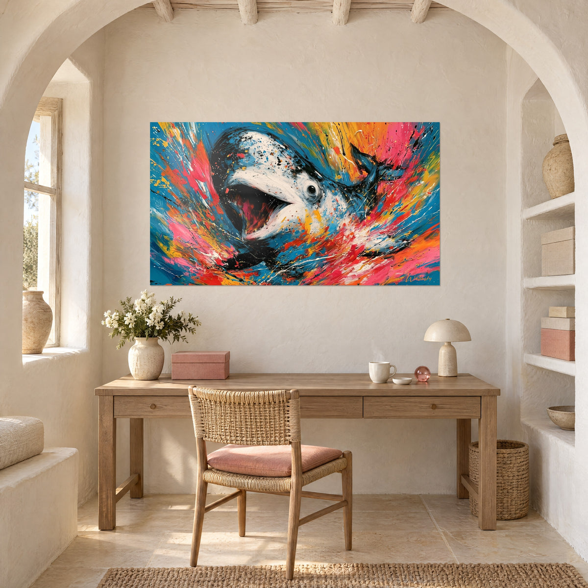 Tableau béluga explosif, coups de spatule rose, bleu canard et noir, mur crépi au-dessus d'un bureau en bois clair