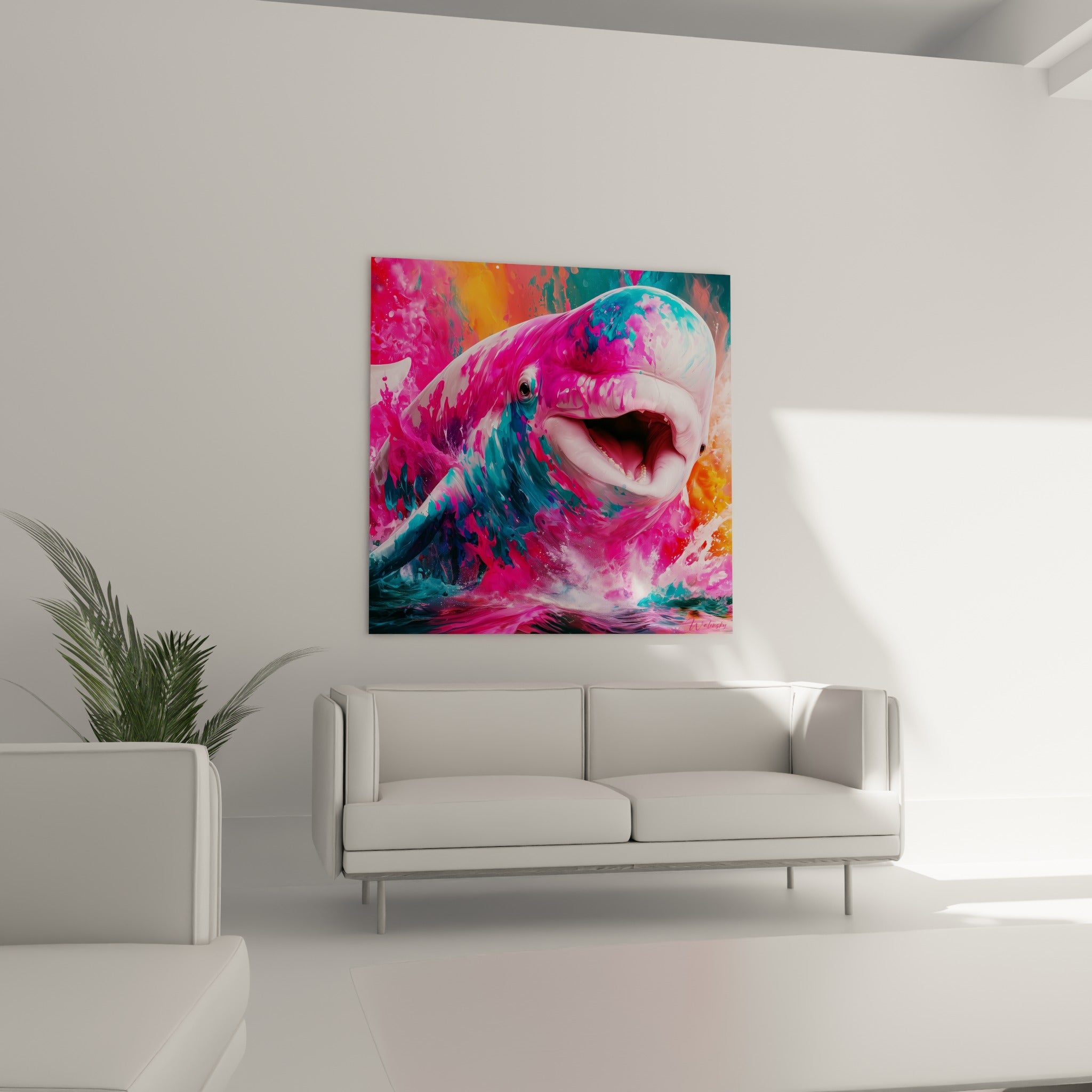 Œuvre du Beluga rose et bleu jaillissant des flots, placée au-dessus d'un canapé dans un salon lumineux