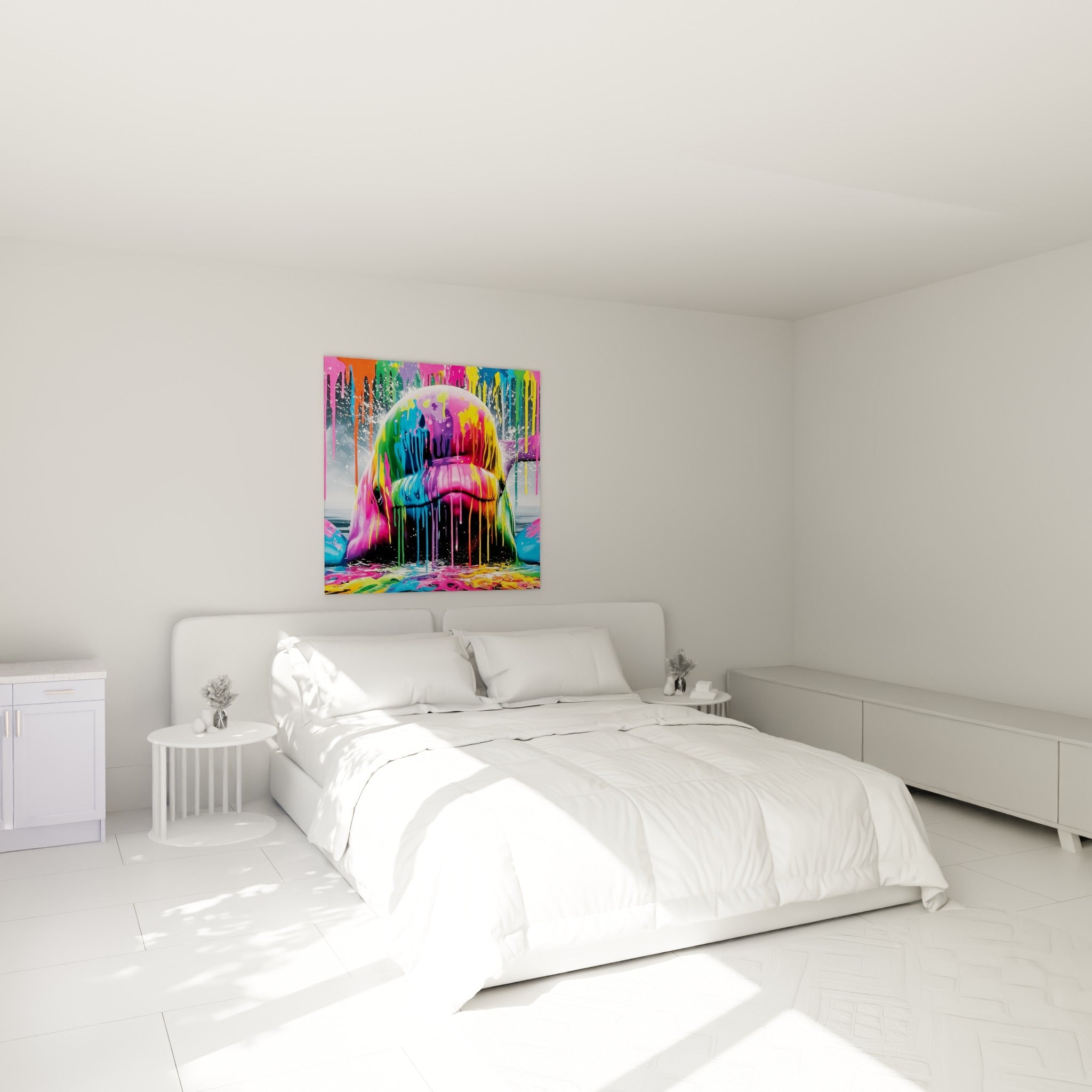 Créature marine multicolore aux teintes jaune et magenta, accrochée au-dessus d'un lit dans une chambre claire