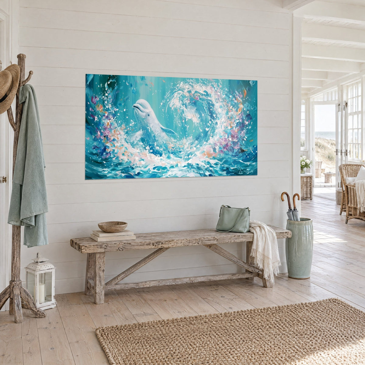 Tableau cétacé ivoire dressé dans un anneau d'éclaboussures nacrées, eau bleu profond, pétales mauves, dans une maison de bord de mer