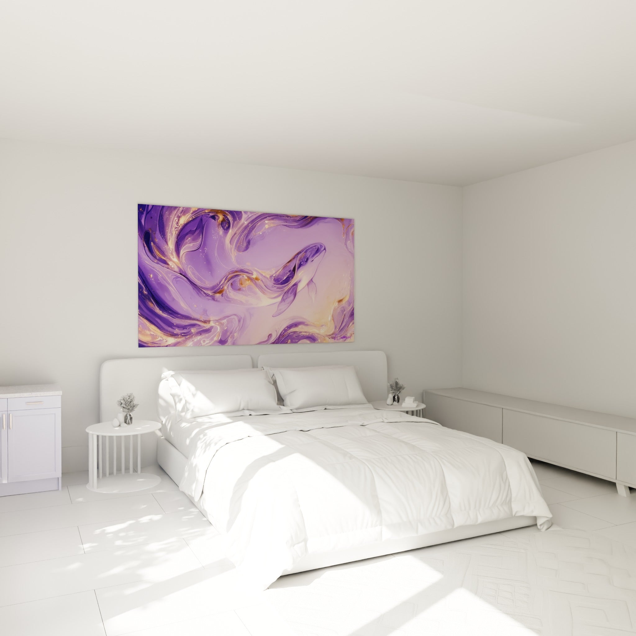 Silhouette de beluga mauve et or au-dessus d'un lit dans une chambre claire