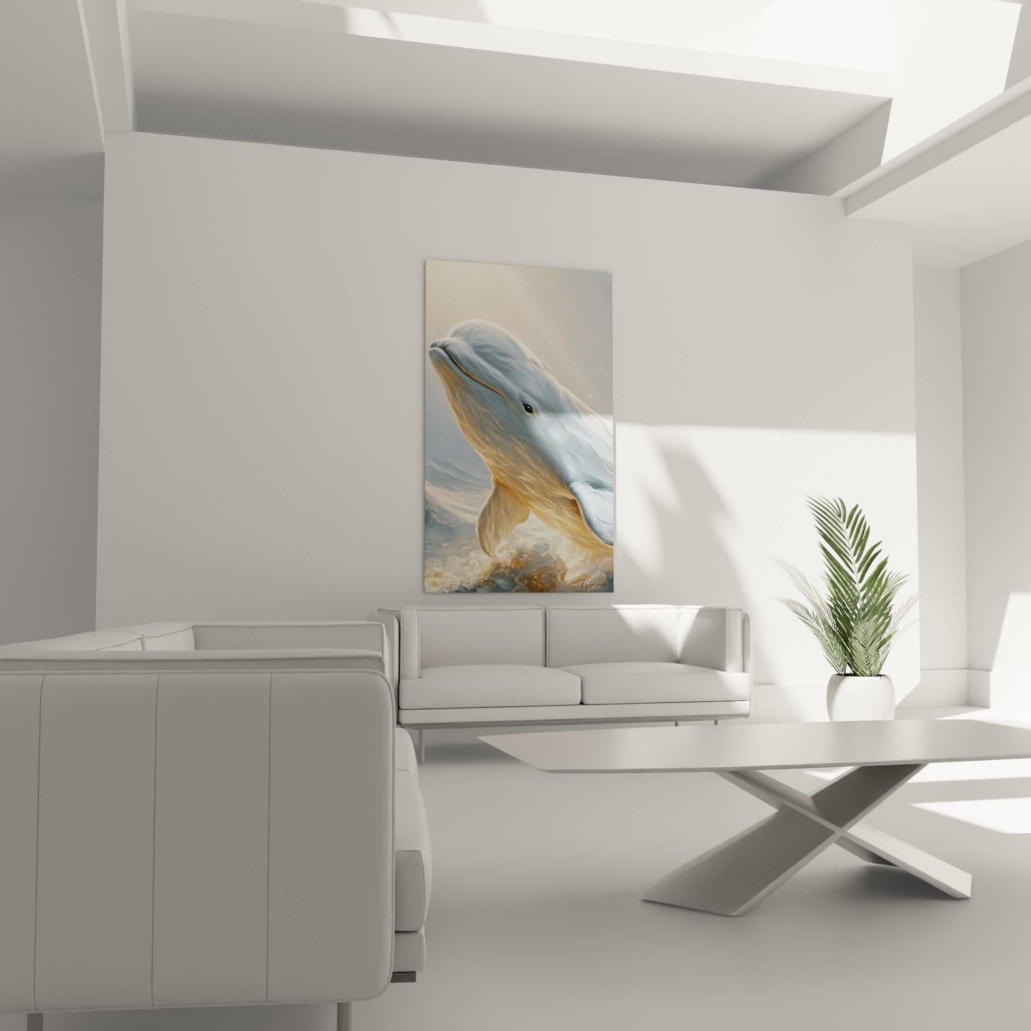 Beluga baigné de lumière dorée sur fond bleu pastel, au-dessus d'un canapé dans un salon lumineux