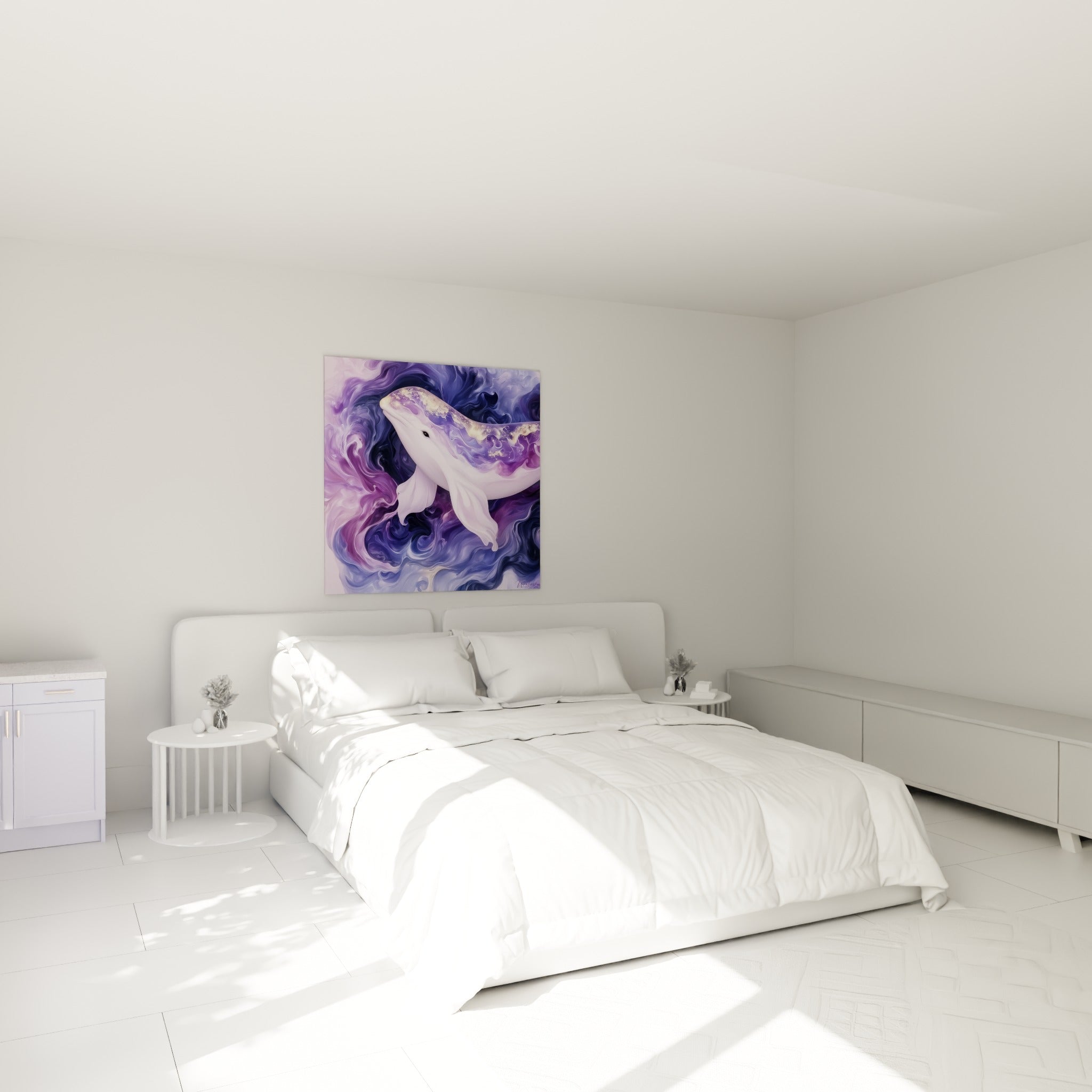 Baleine blanche nimbée de violet et d'or au-dessus d'un lit dans une chambre claire