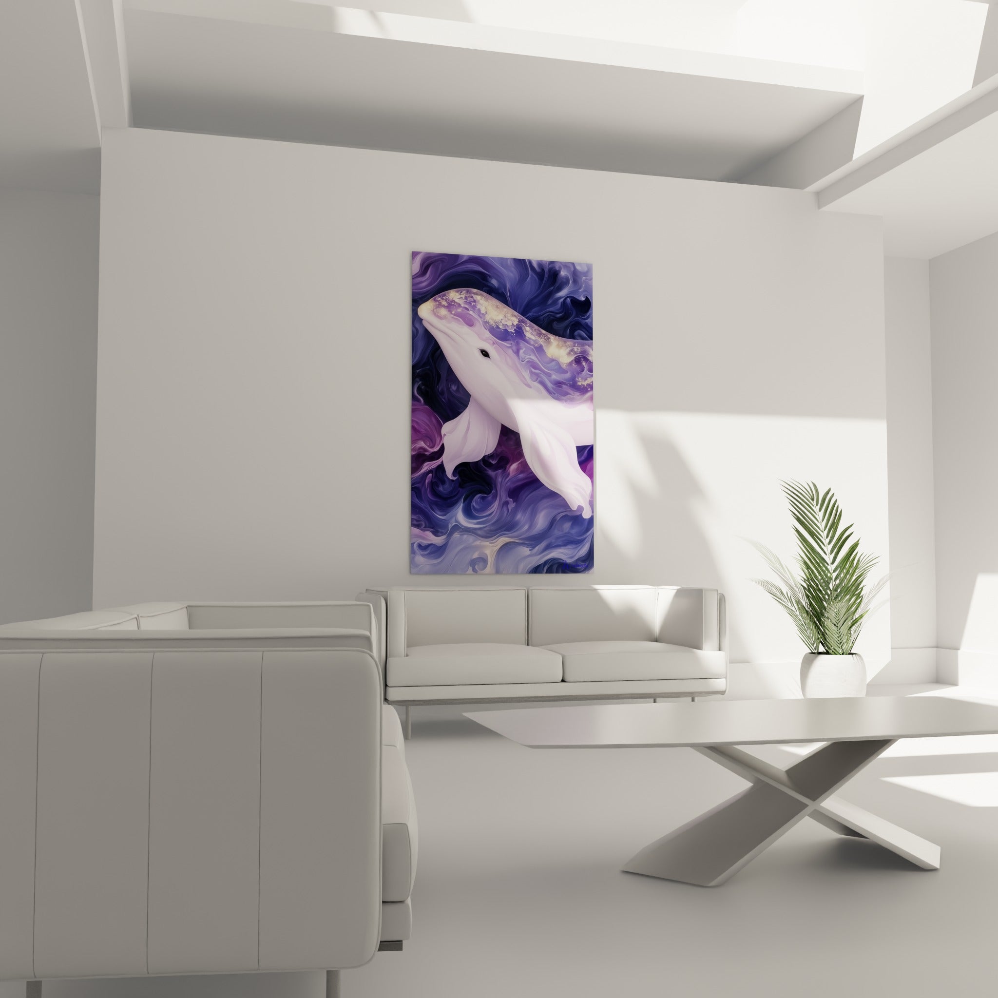 Baleine blanche entourée de spirales mauves et bleu nuit, toile au-dessus d'un canapé dans un salon lumineux