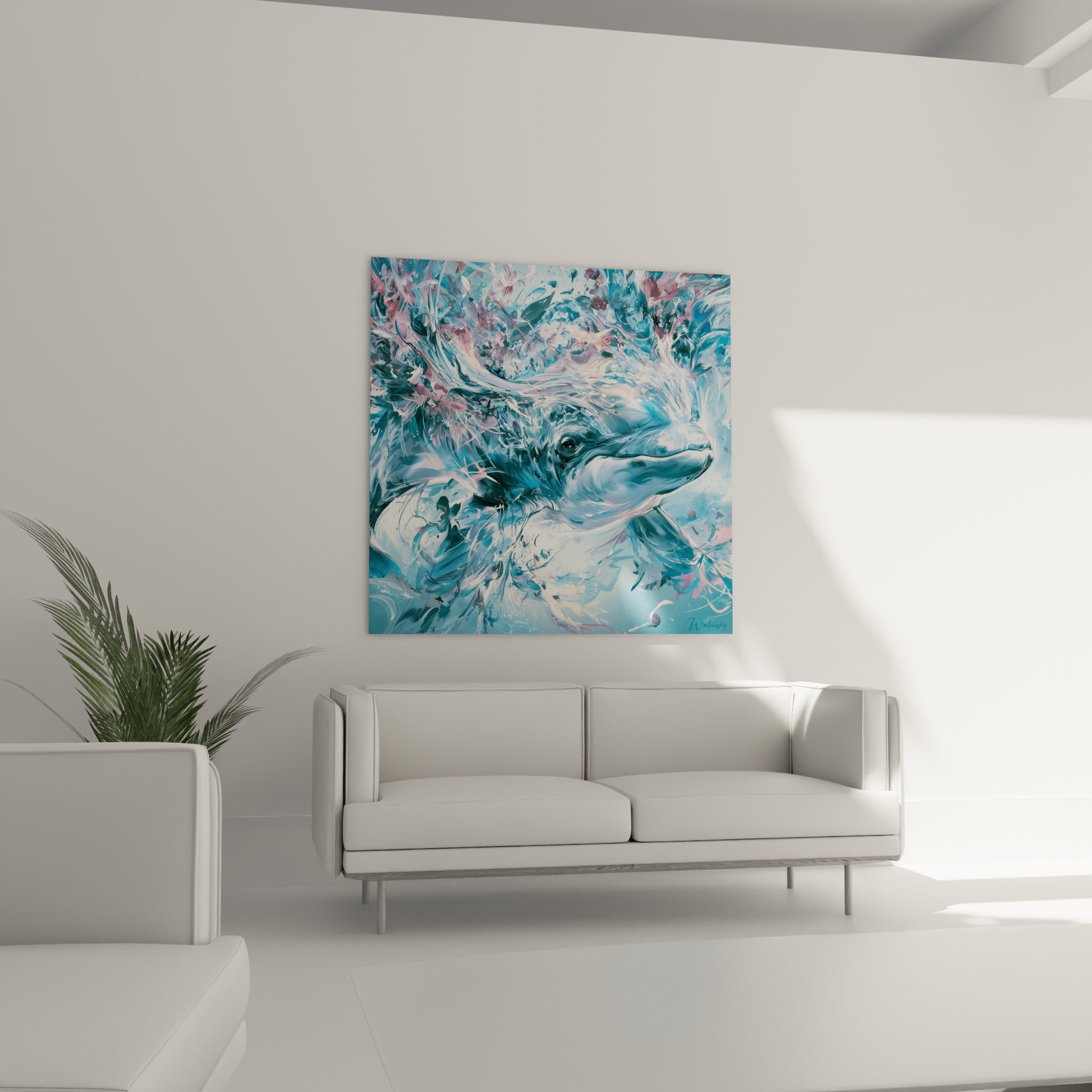Silhouette de béluga bleu glacé et mauve suspendue au-dessus d'un canapé dans un salon lumineux