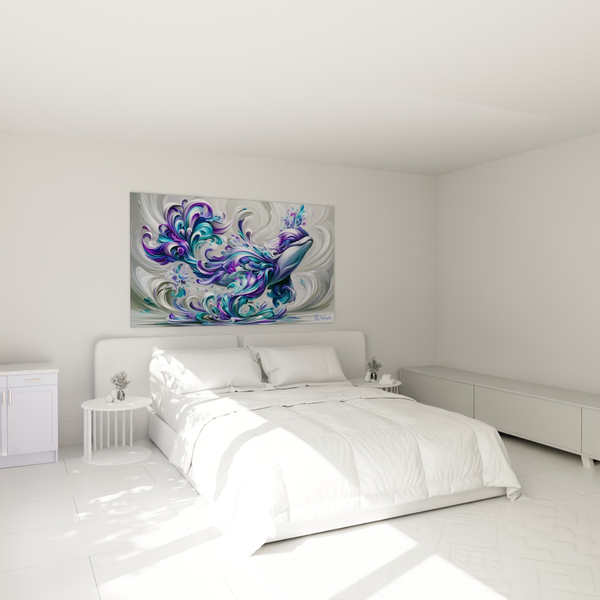 Créature marine ornementale mauve et turquoise nacré, au-dessus d'un lit dans une chambre claire