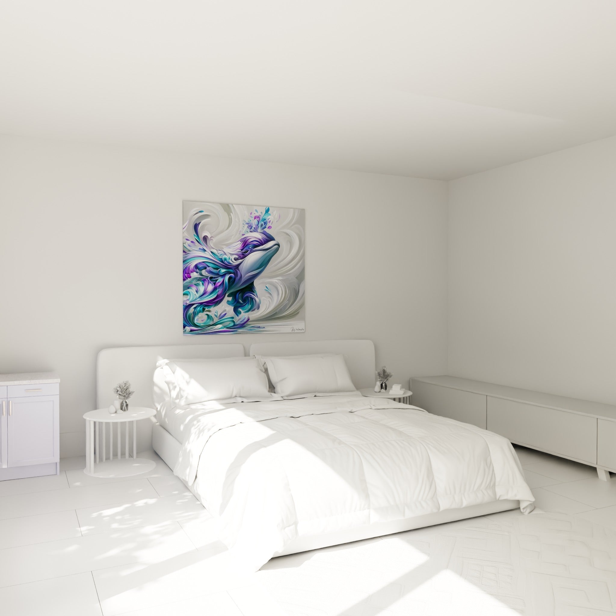 Créature marine mauve et turquoise ornementale au-dessus d'un lit dans une chambre claire