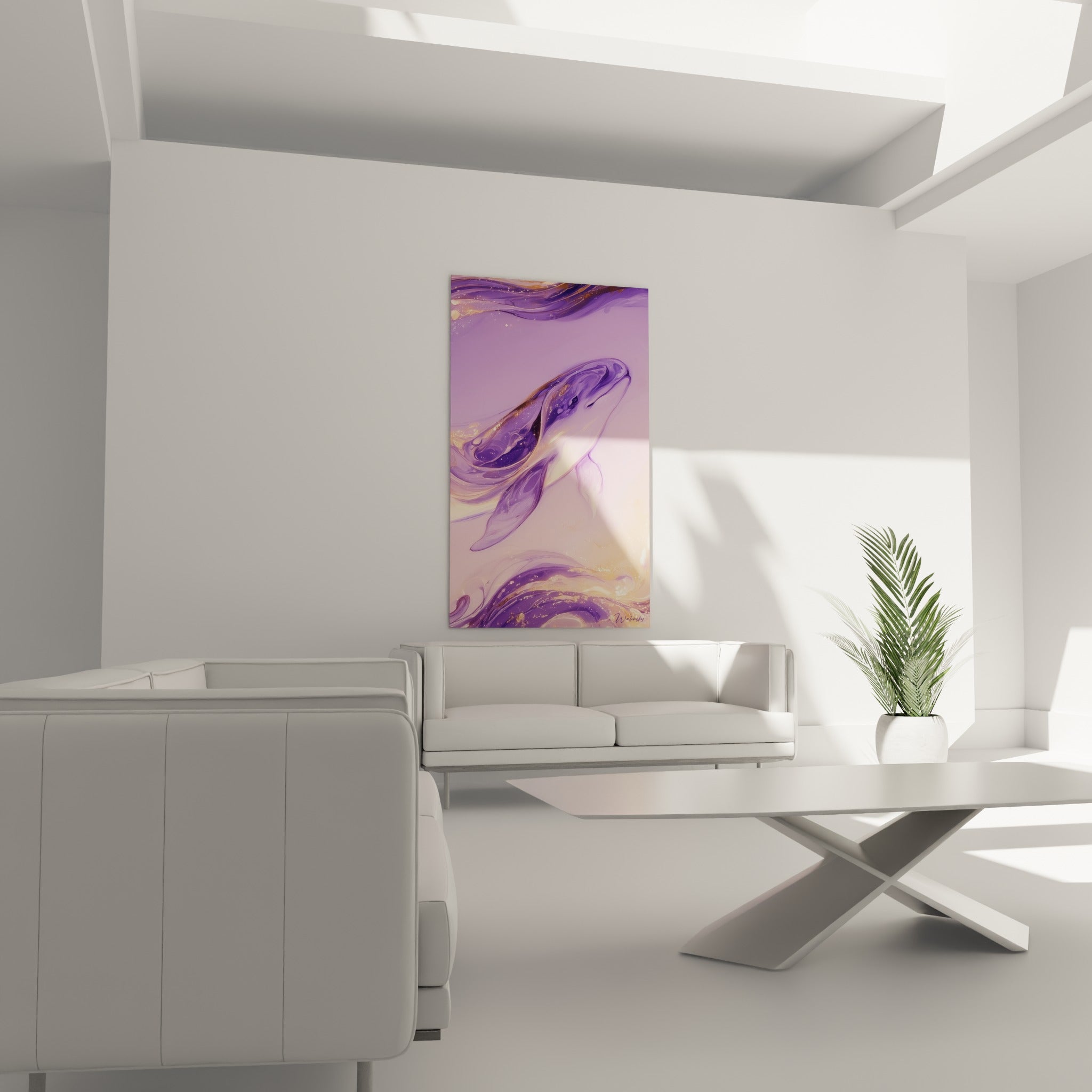 Baleine blanche et violette entourée de vagues dorées, au-dessus d'un canapé dans un salon lumineux