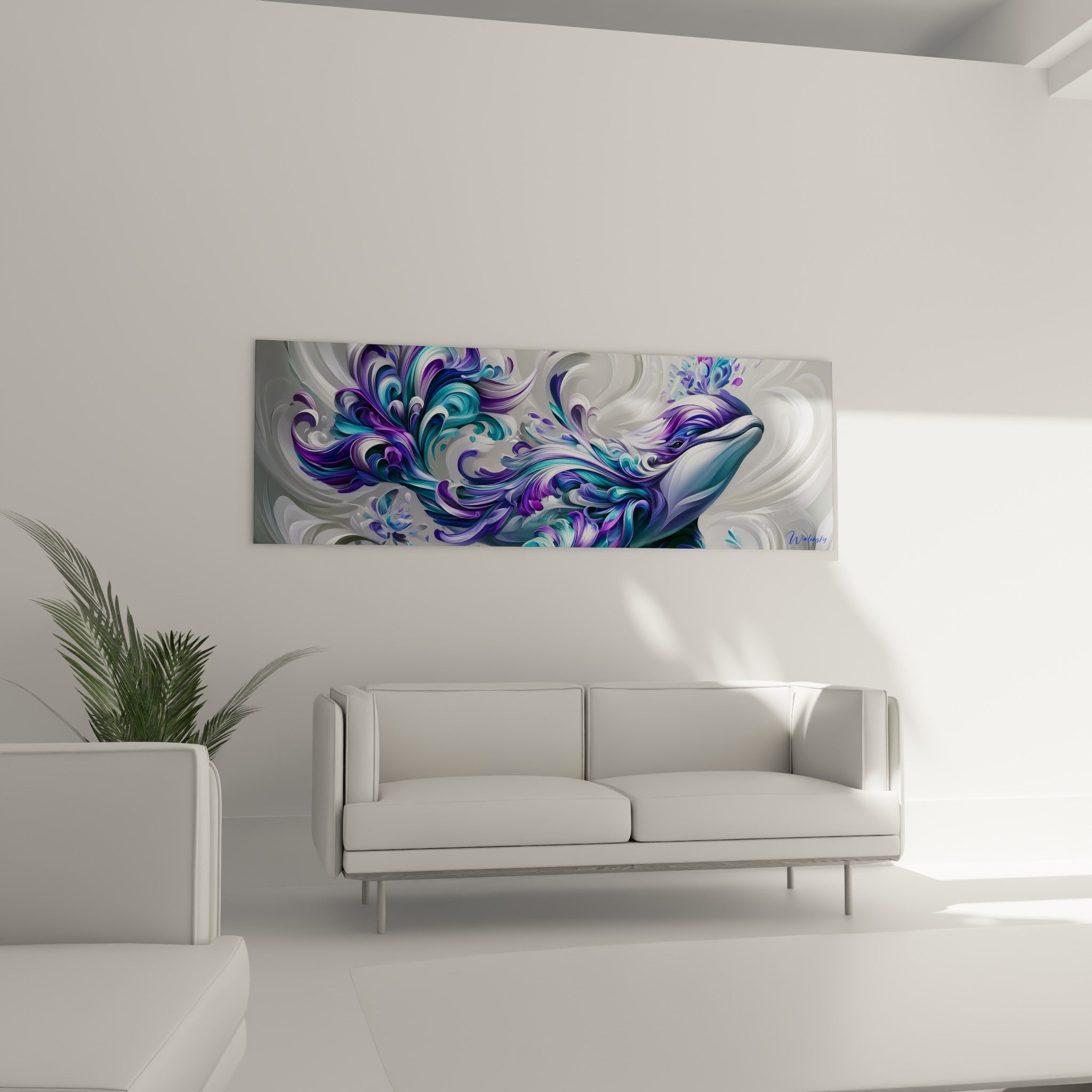 Silhouette marine turquoise et violette du beluga au-dessus d'un canapé dans un salon lumineux