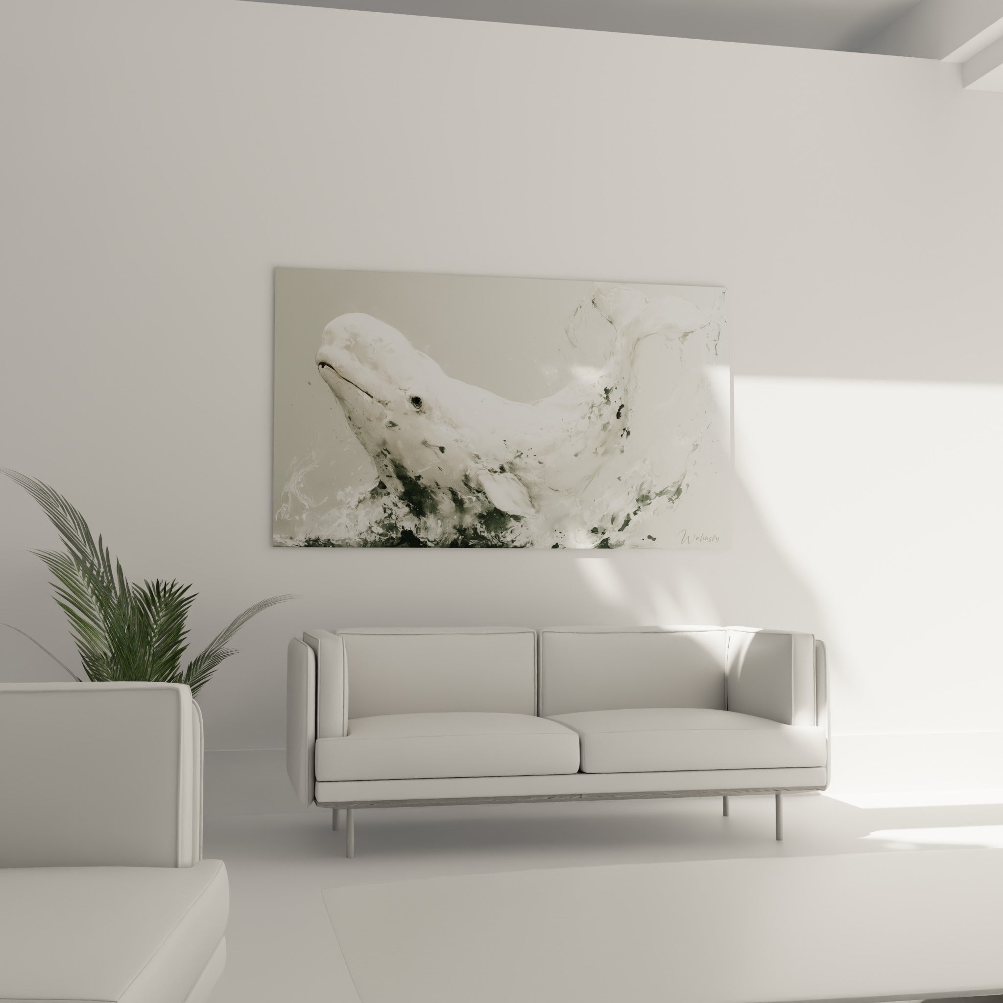 Silhouette du beluga blanche et vert sauge dans l'écume, au-dessus d'un canapé dans un salon lumineux