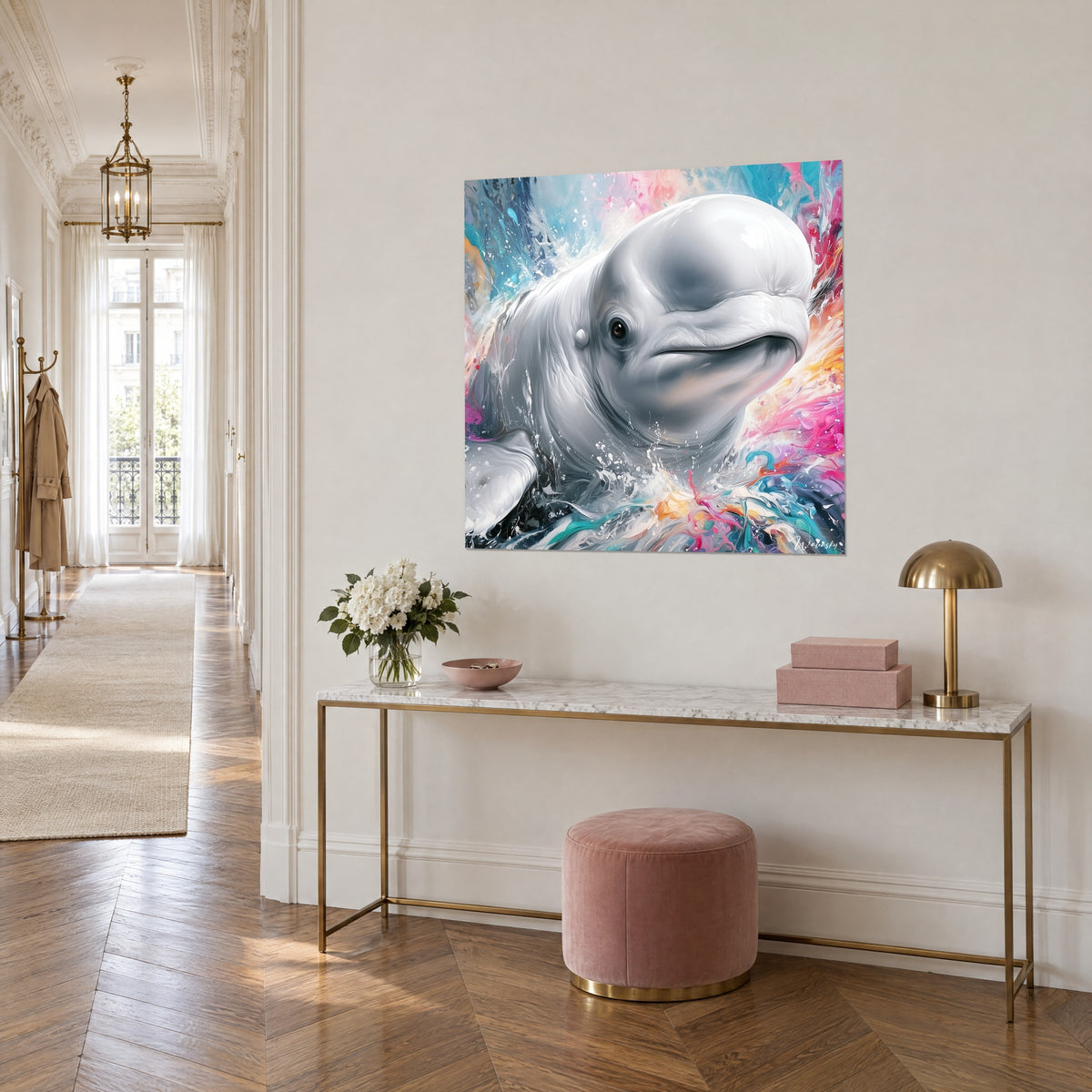 Quadro balena bianca dagli occhi scuri, getti fucsia e blu petrolio, vista a tre quarti, consolle dorata in stile haussmanniano