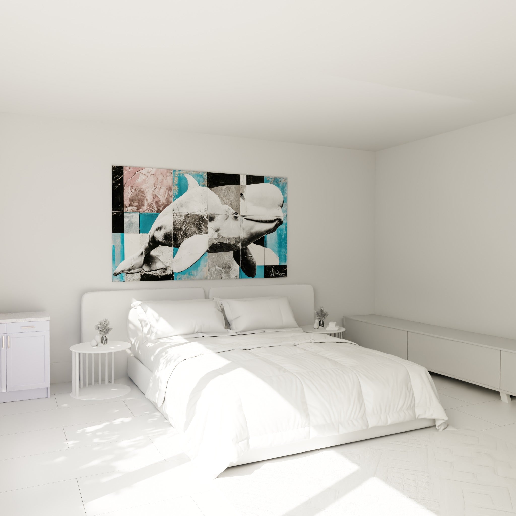 Béluga au museau clair traversant un fond bleu turquoise et rose, accroché au-dessus d'un lit dans une chambre claire