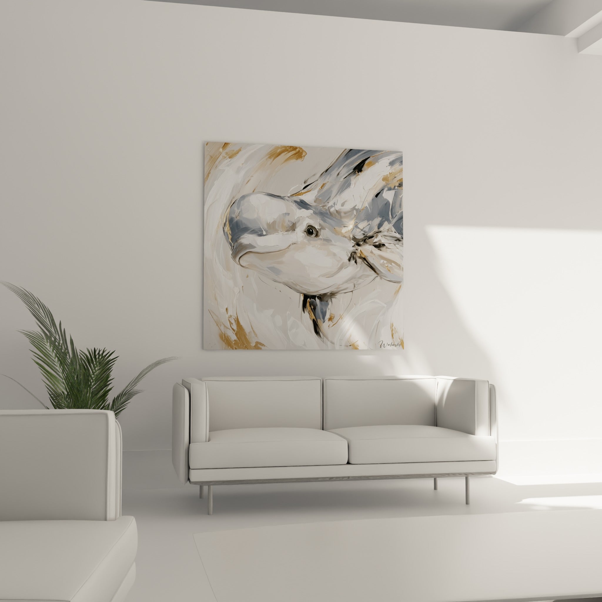 Beluga au museau blanc nacré et coulures d'or accroché au-dessus d'un canapé dans un salon lumineux