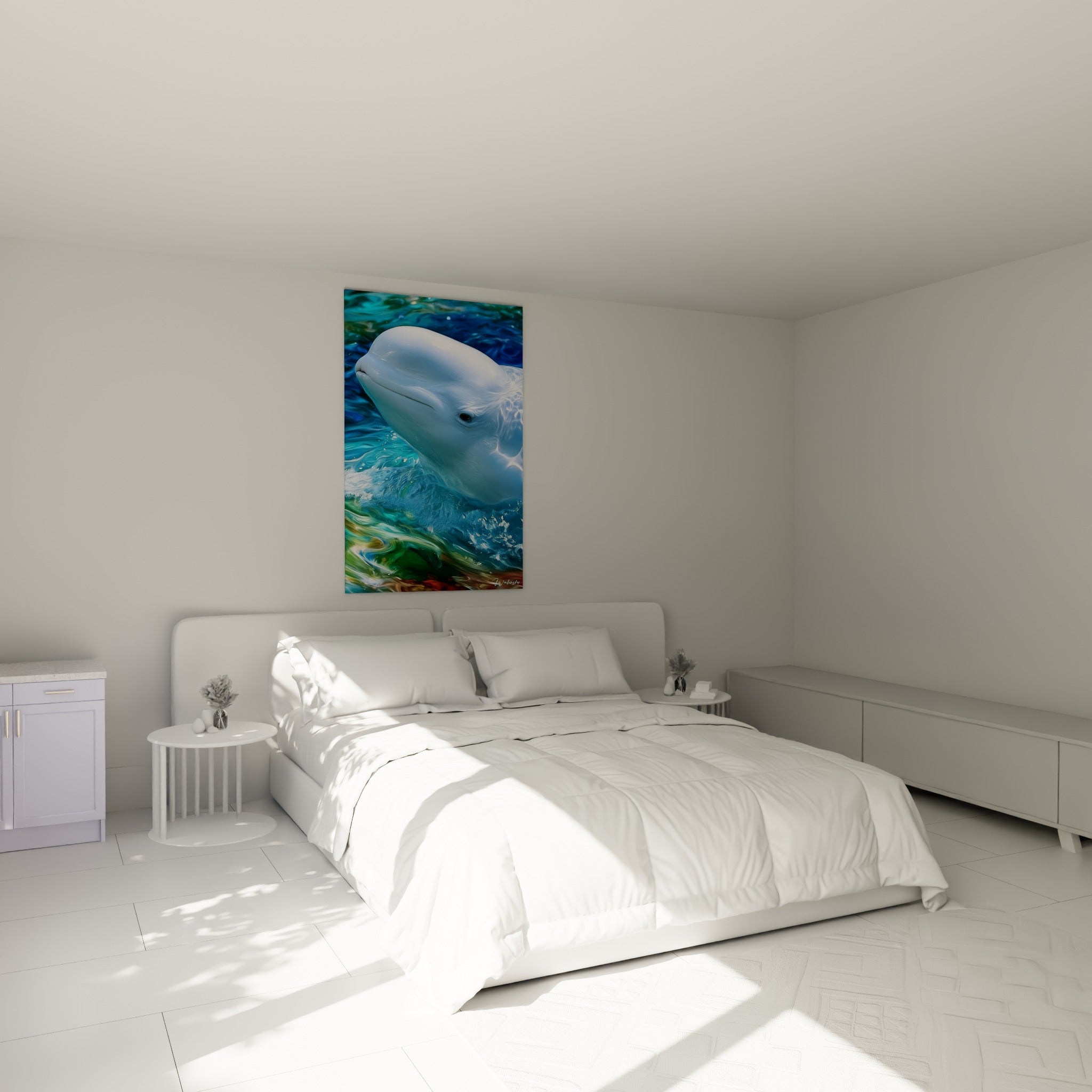 Cétacé blanc nacré jaillissant d'une eau bleu marine, au-dessus d'un lit dans une chambre claire