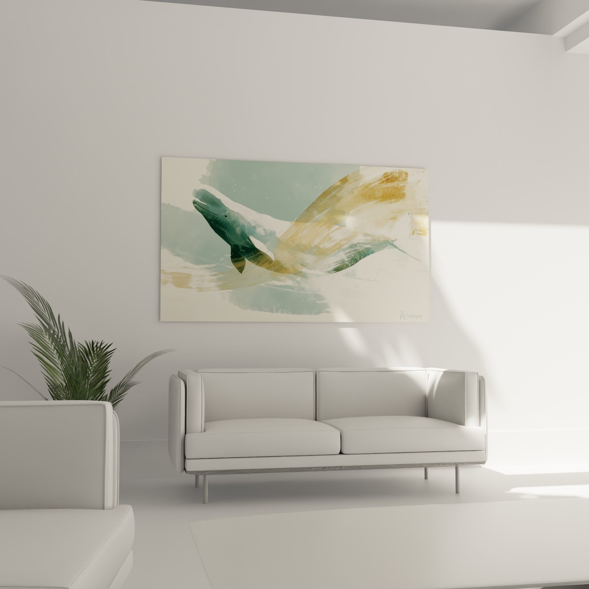 Silhouette marine ocre et vert sauge en pleine ascension, au-dessus d'un canapé dans un salon lumineux