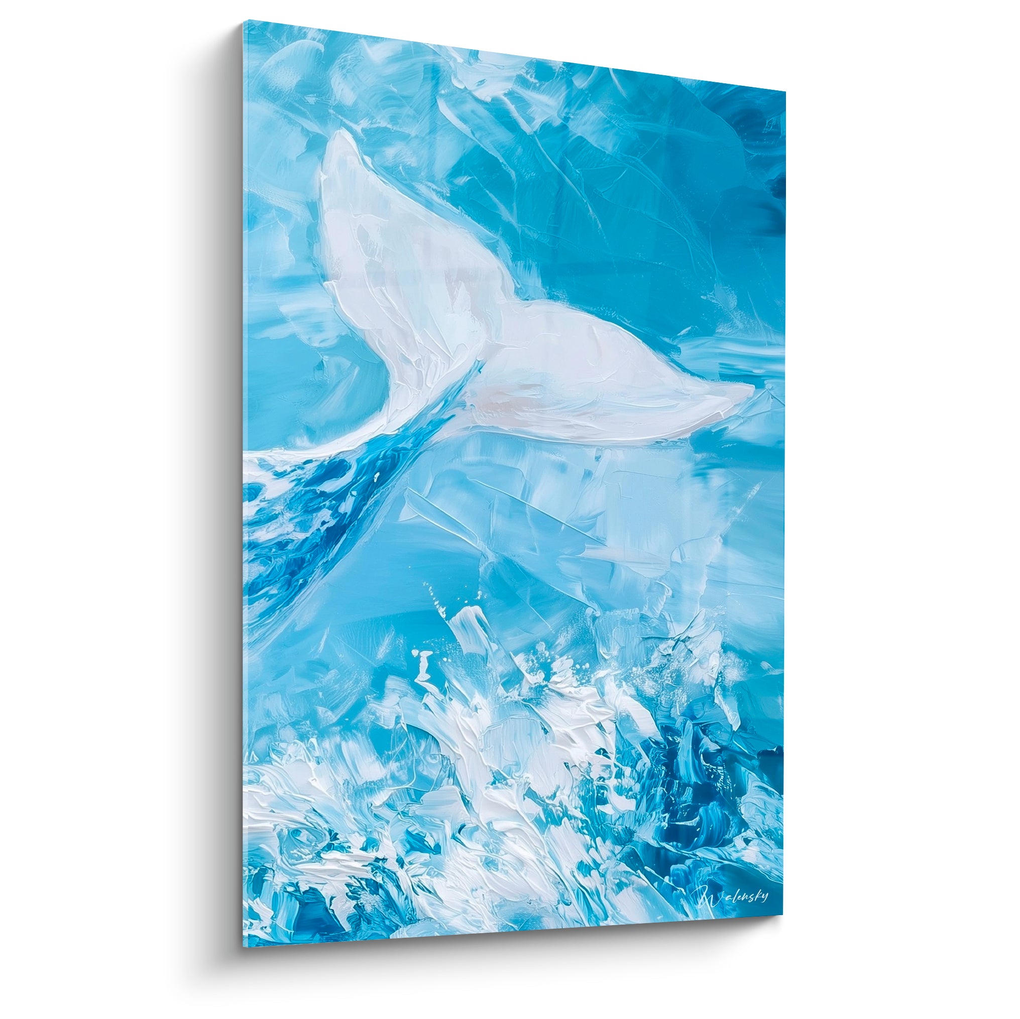 Nageoire de Beluga blanche jaillissant d'un océan bleu ciel et marine en peinture texturée