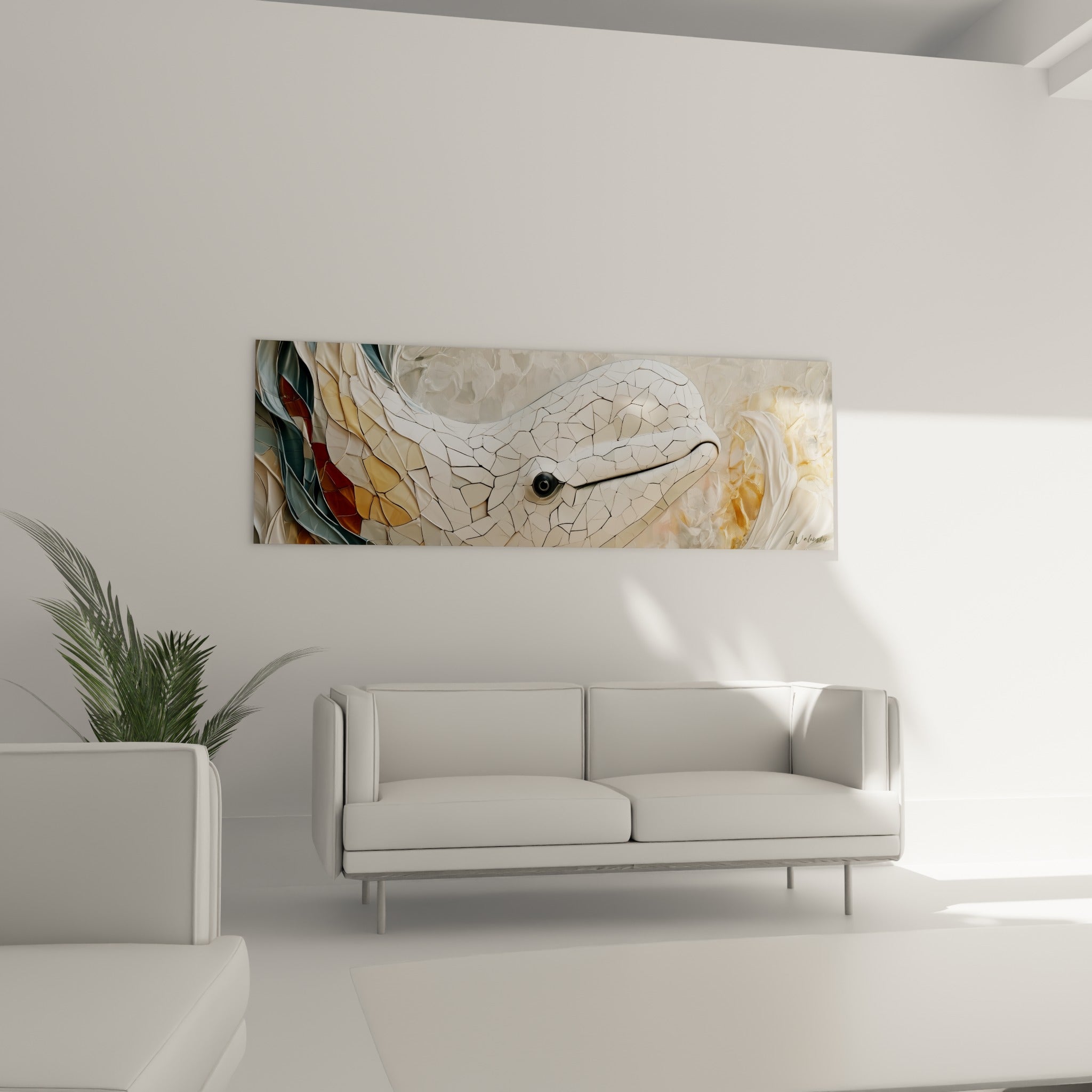 Beluga en mosaïque blanche et ocre au-dessus d'un canapé dans un salon lumineux