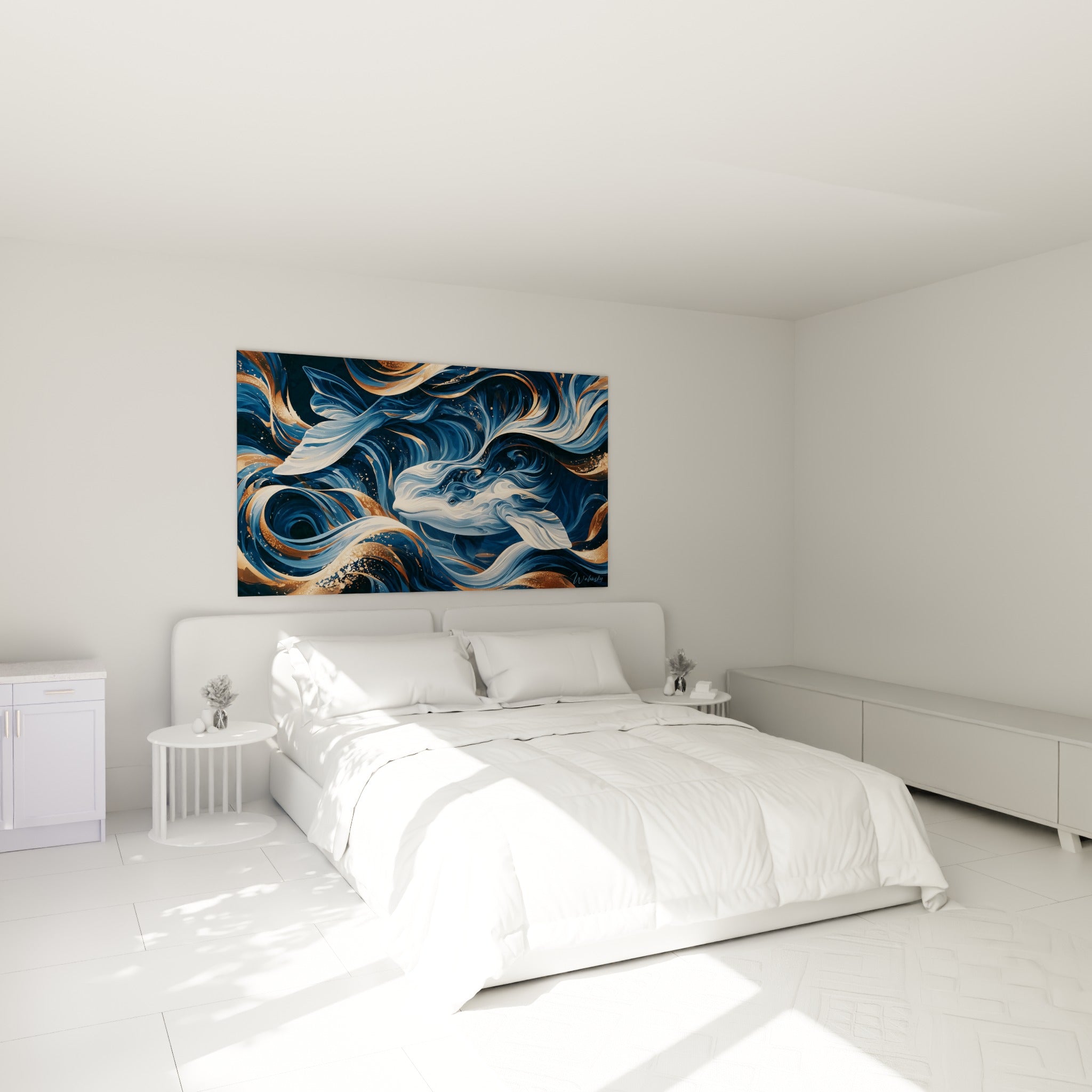 Cétacé aux nageoires blanches et tourbillons dorés accroché au-dessus d'un lit dans une chambre claire