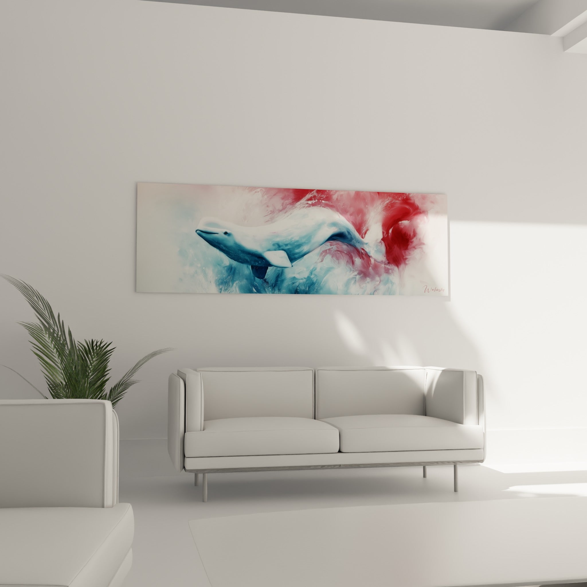 Baleine blanche aux nuances bleu glacé et carmin accrochée au-dessus d'un canapé dans un salon lumineux