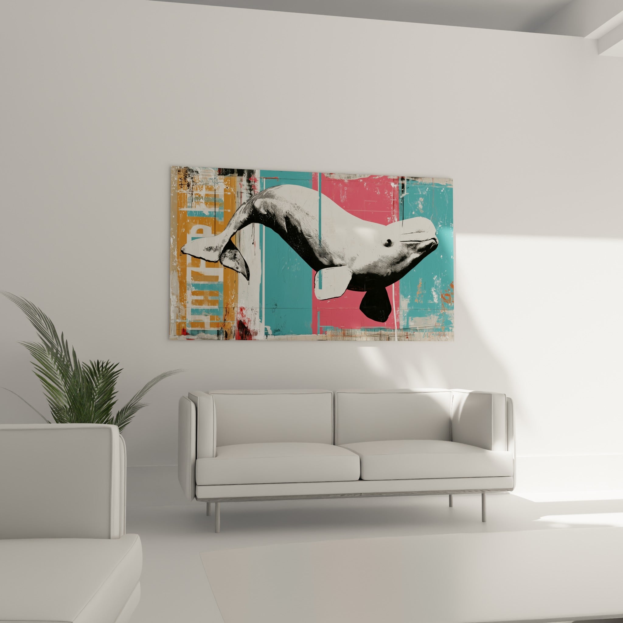 Mammifère marin blanc au fond bleu sarcelle et ocre doré, disposé au-dessus d'un canapé dans un salon lumineux