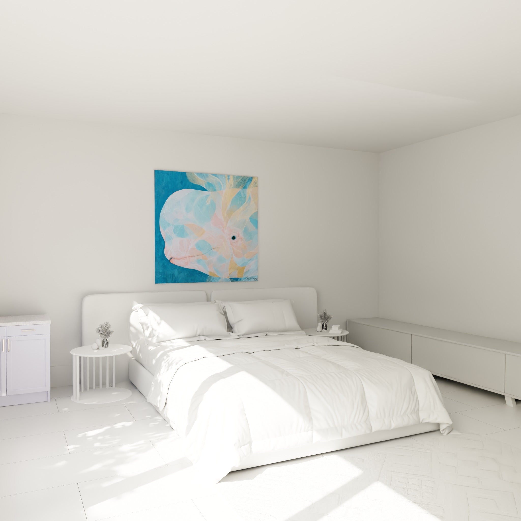 Créature marine rose et or aux lignes délicates, accrochée au-dessus d'un lit dans une chambre claire