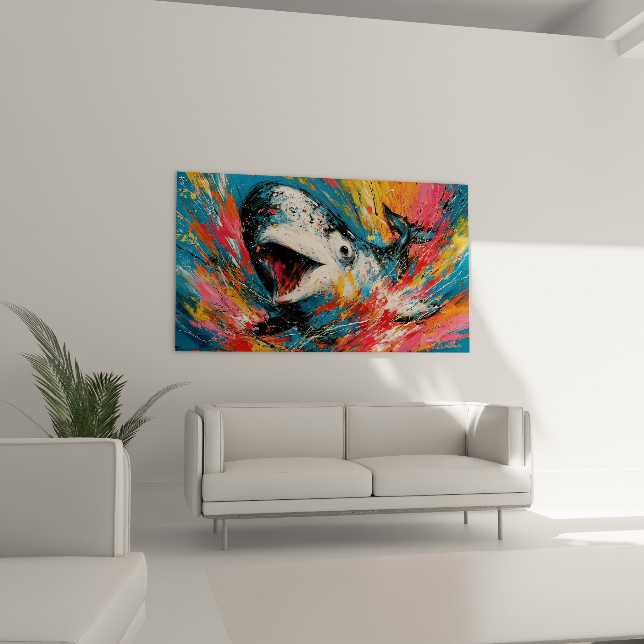 Gueule noire du beluga entourée de giclées ocre et bleu, disposée au-dessus d'un canapé dans un salon lumineux