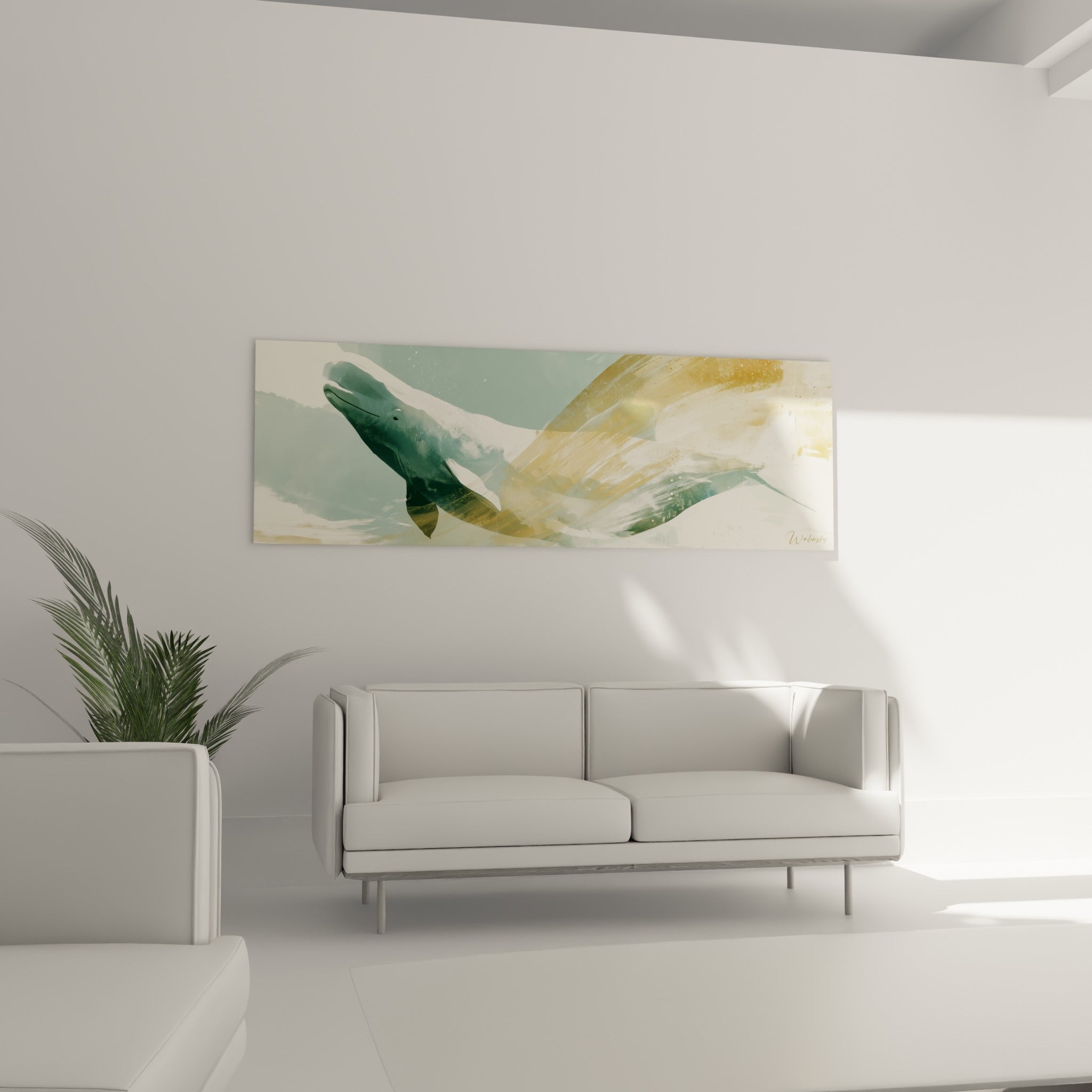 Beluga glissant sur fond crème et anthracite, suspendu au-dessus d'un canapé dans un salon lumineux