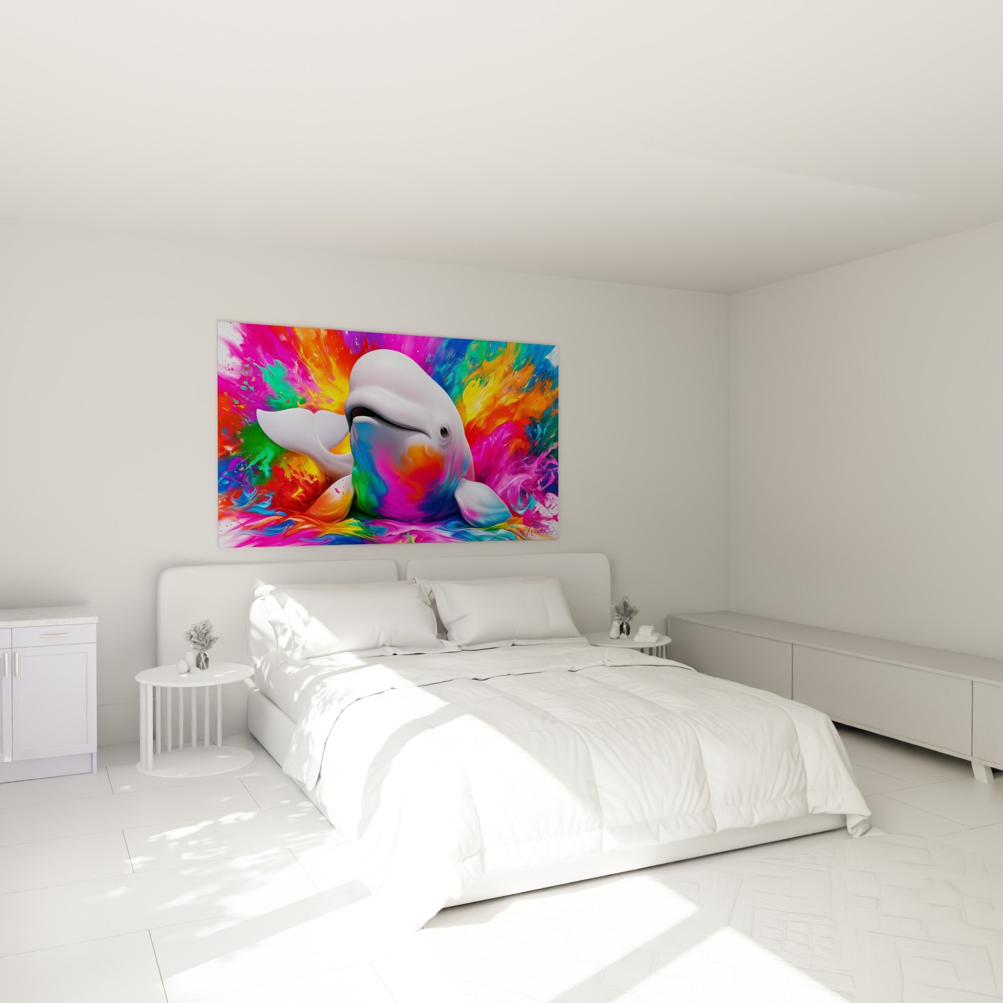 Cétacé blanc traversé de reflets orangés et bleus, accroché au-dessus d'un lit dans une chambre claire
