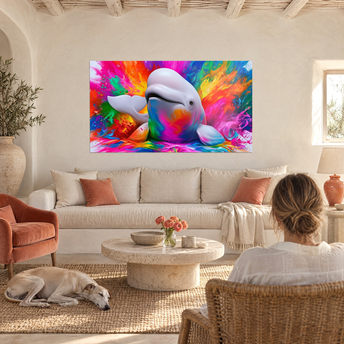 Quadro beluga bianco tutto curve, schizzi rosa e turchese, due persone di spalle, sopra un divano in un soggiorno luminoso