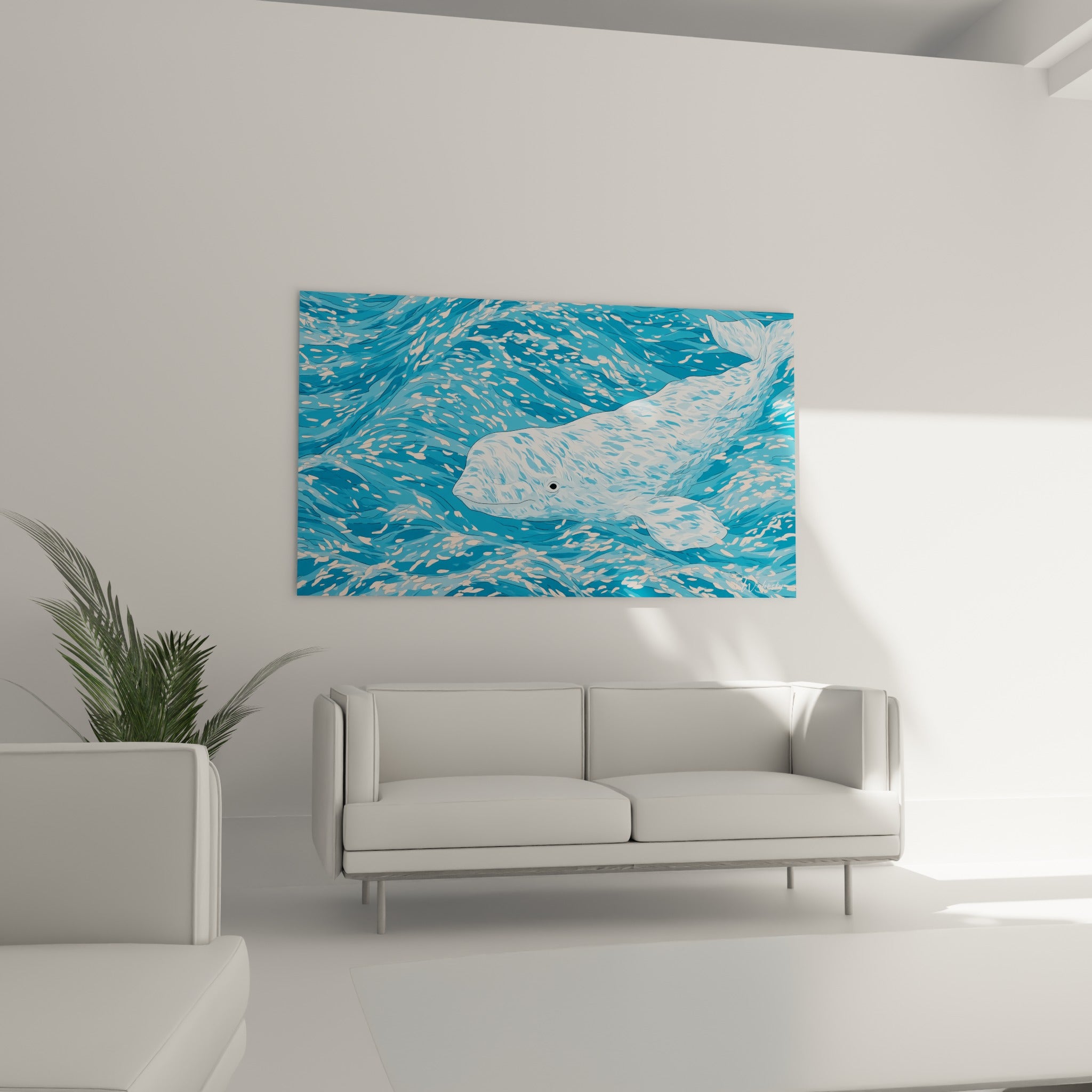 Nage silencieuse du beluga aux reflets turquoise et nacrés, au-dessus d'un canapé dans un salon lumineux