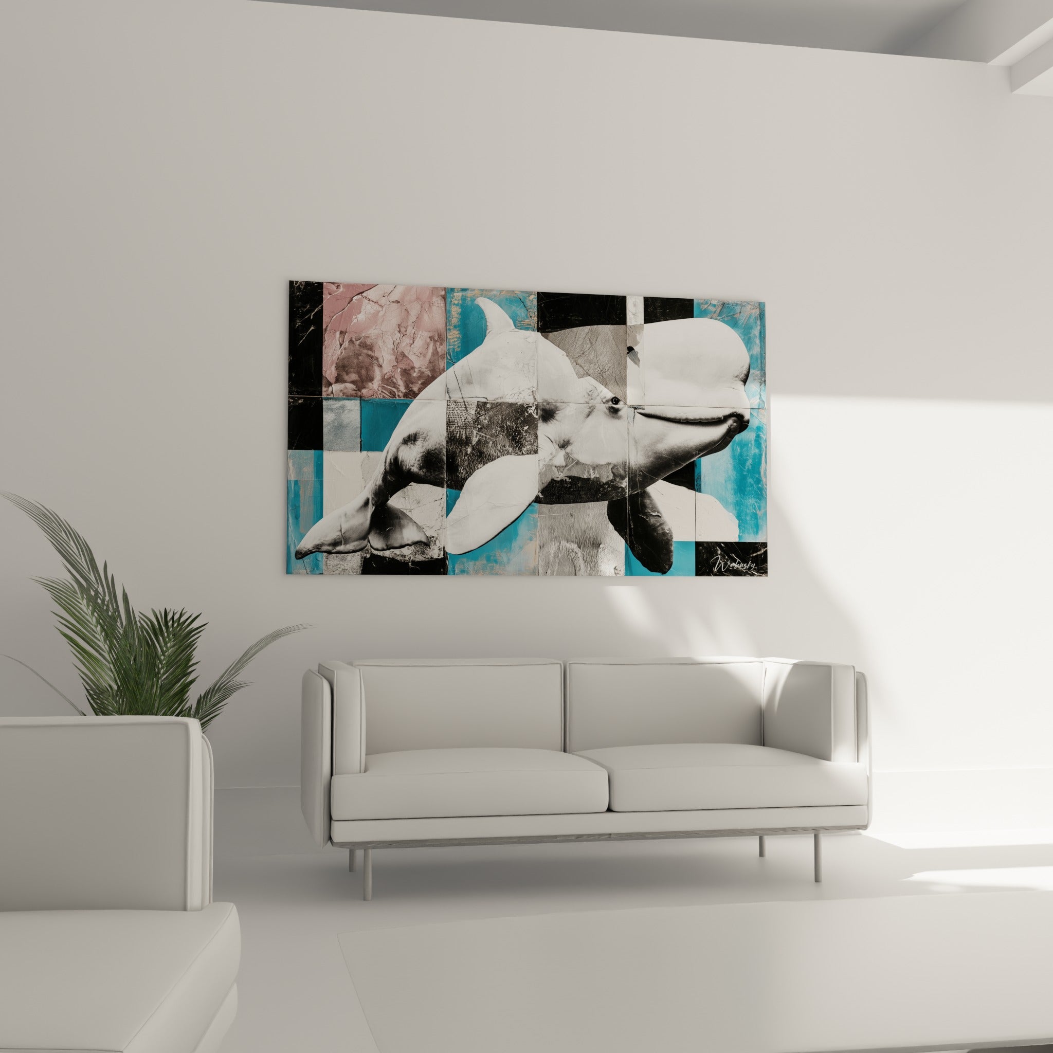 Béluga au regard sombre et nageoires marquées sur fond anthracite et bleu turquoise, au-dessus d'un canapé dans un salon lumineux