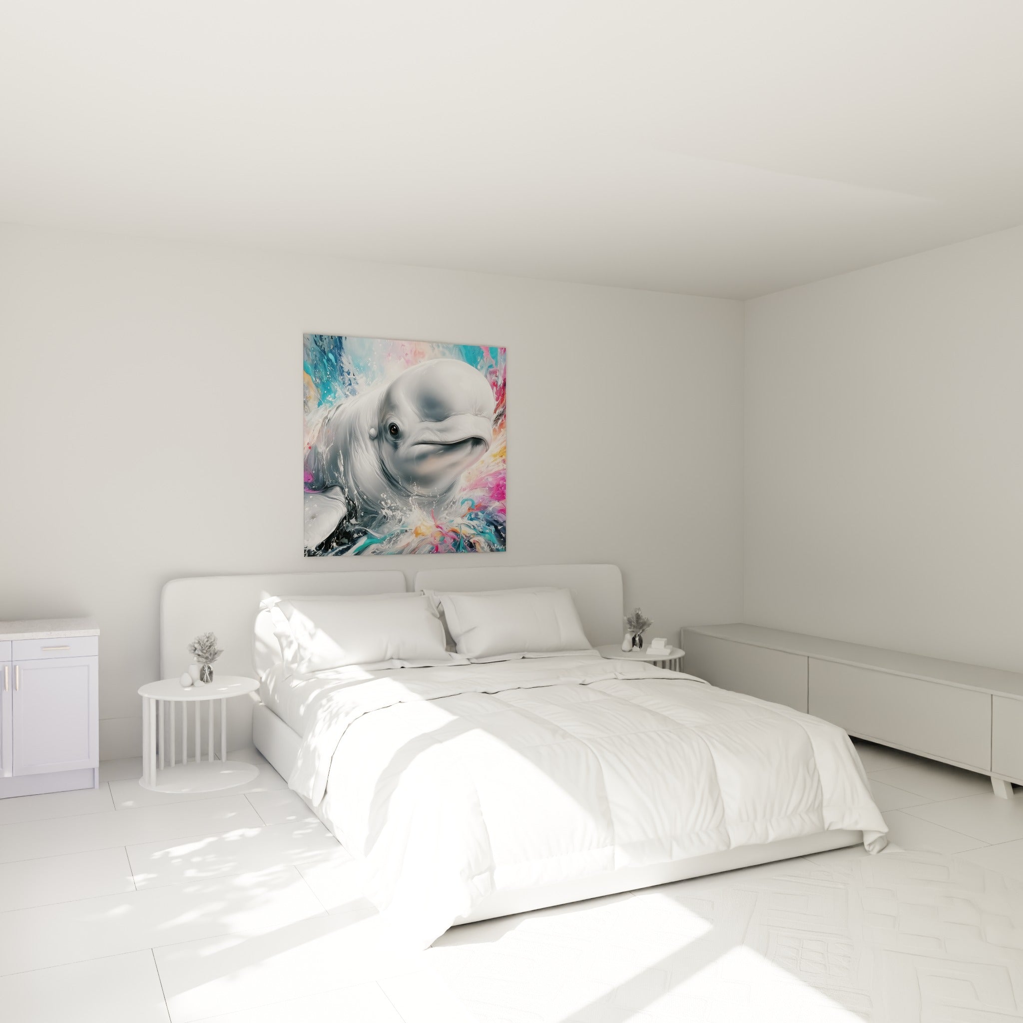 Cétacé blanc nacré entouré de tourbillons roses et bleus, accroché au-dessus d'un lit dans une chambre claire