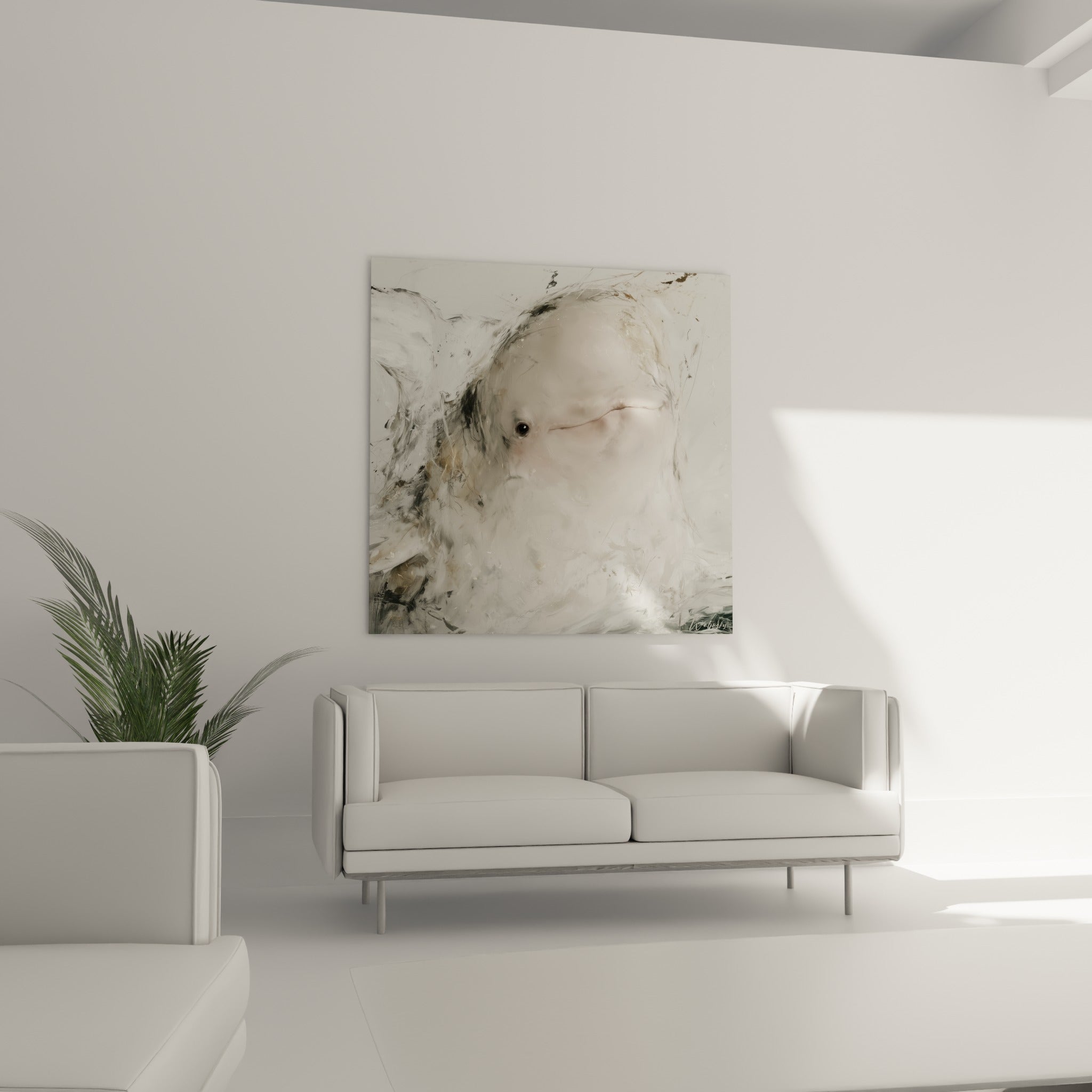 Beluga doré et blanc à la texture brumeuse, au-dessus d'un canapé dans un salon lumineux