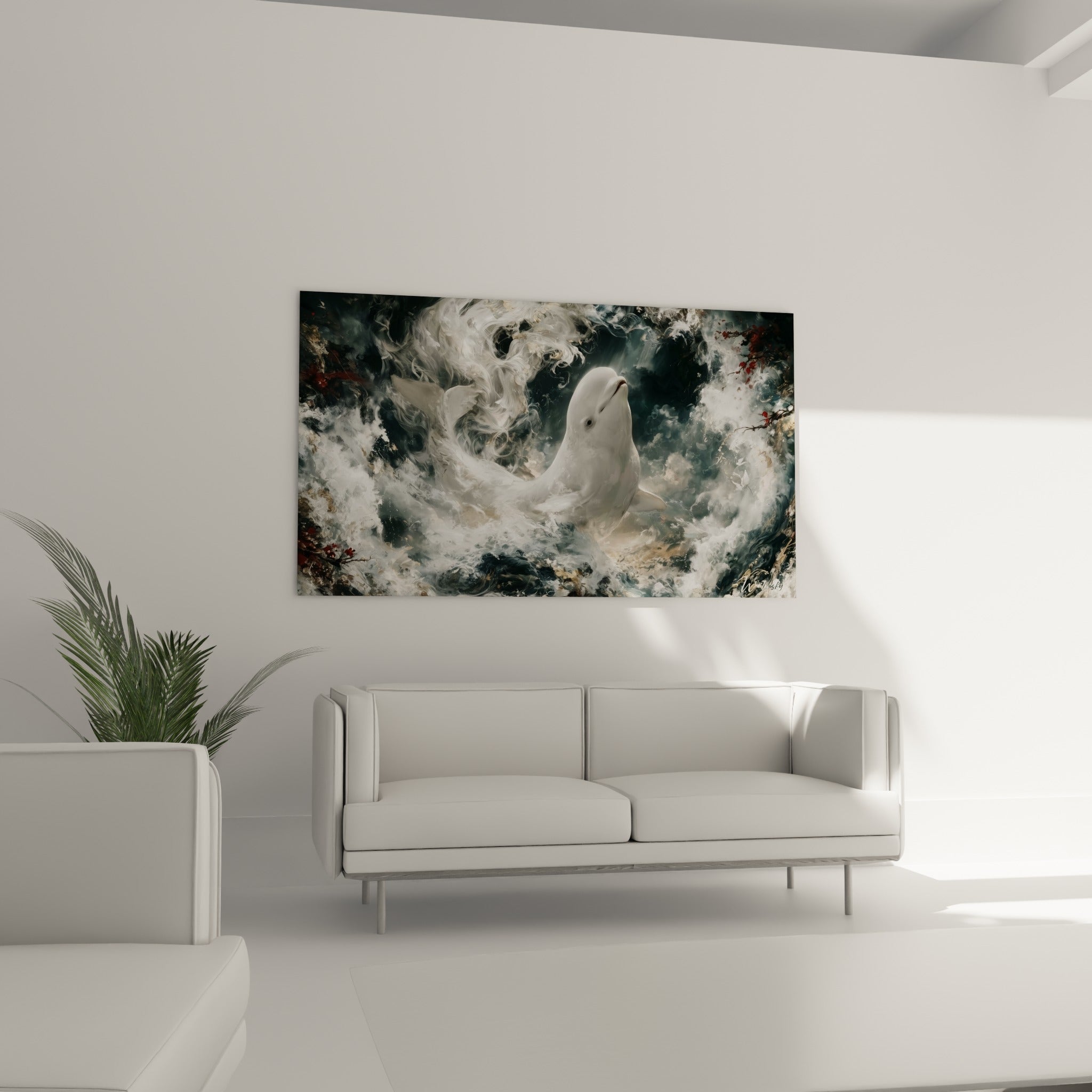 Mammifère blanc émergeant de l'écume anthracite et ocre, placé au-dessus d'un canapé dans un salon lumineux