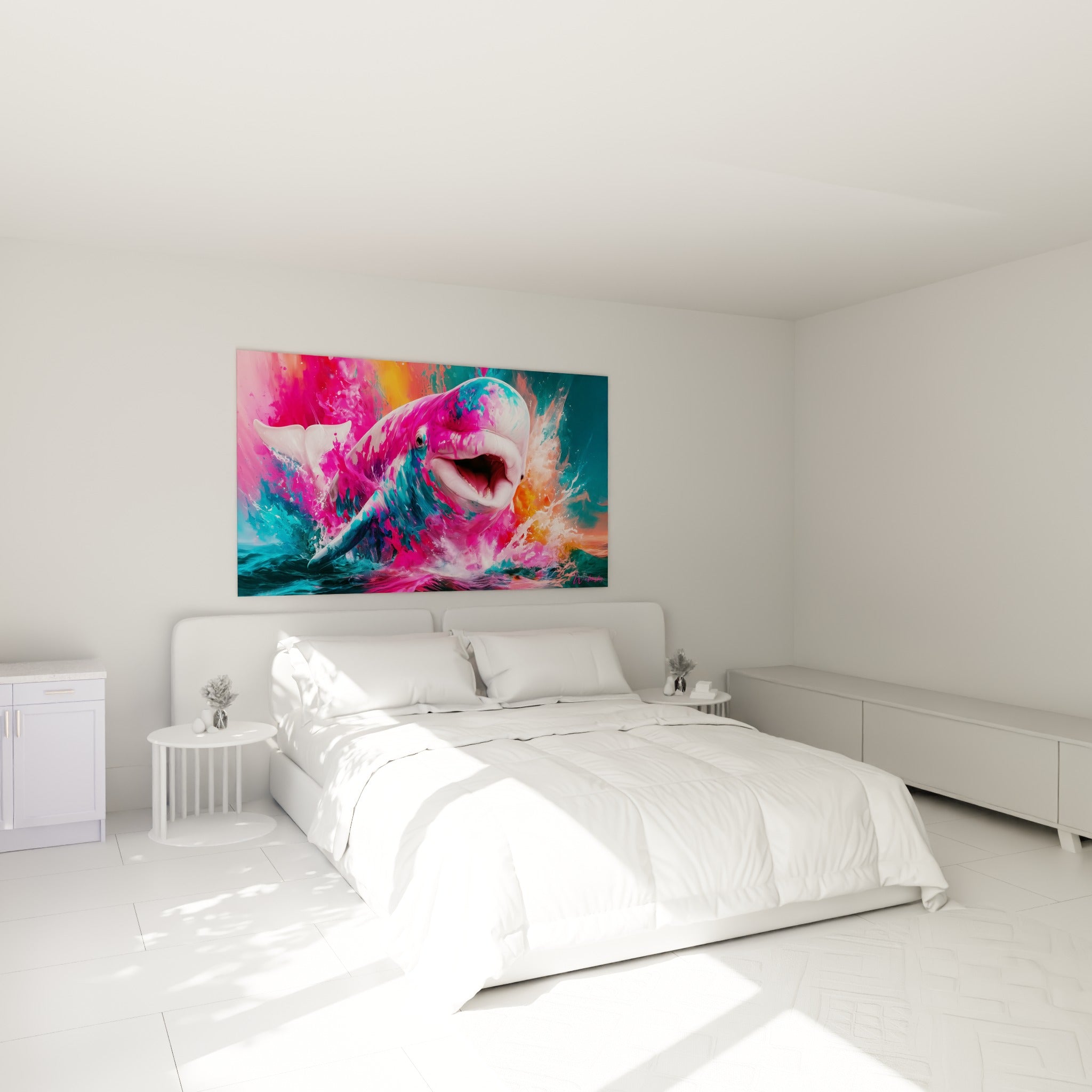 Créature marine fuchsia et turquoise en plein bond, accrochée au-dessus d'un lit dans une chambre claire