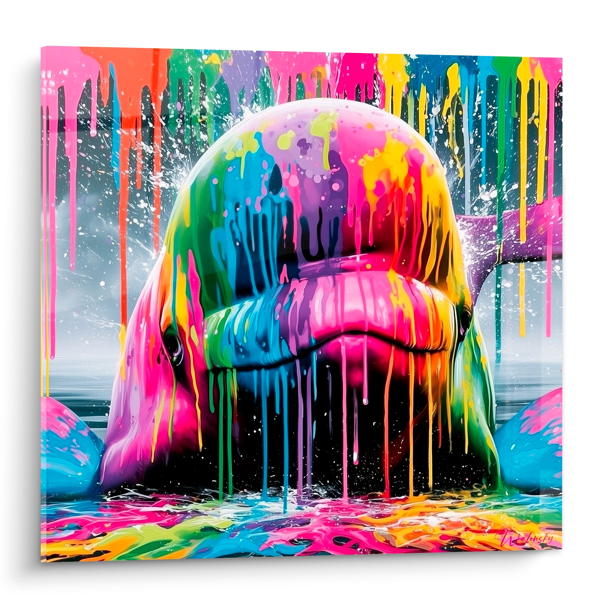 Beluga au museau rose fuchsia et bleu turquoise, recouvert de coulures de peinture éclatantes