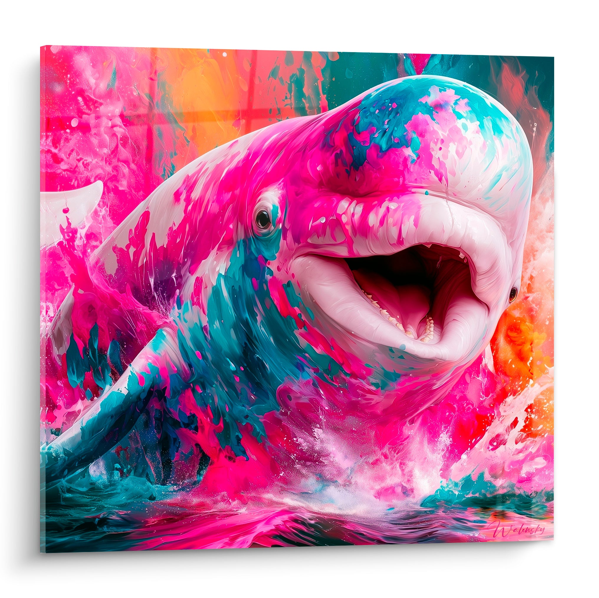Beluga bondissant à la gueule ouverte, éclaboussures rose fuchsia et bleu turquoise sur toute la toile