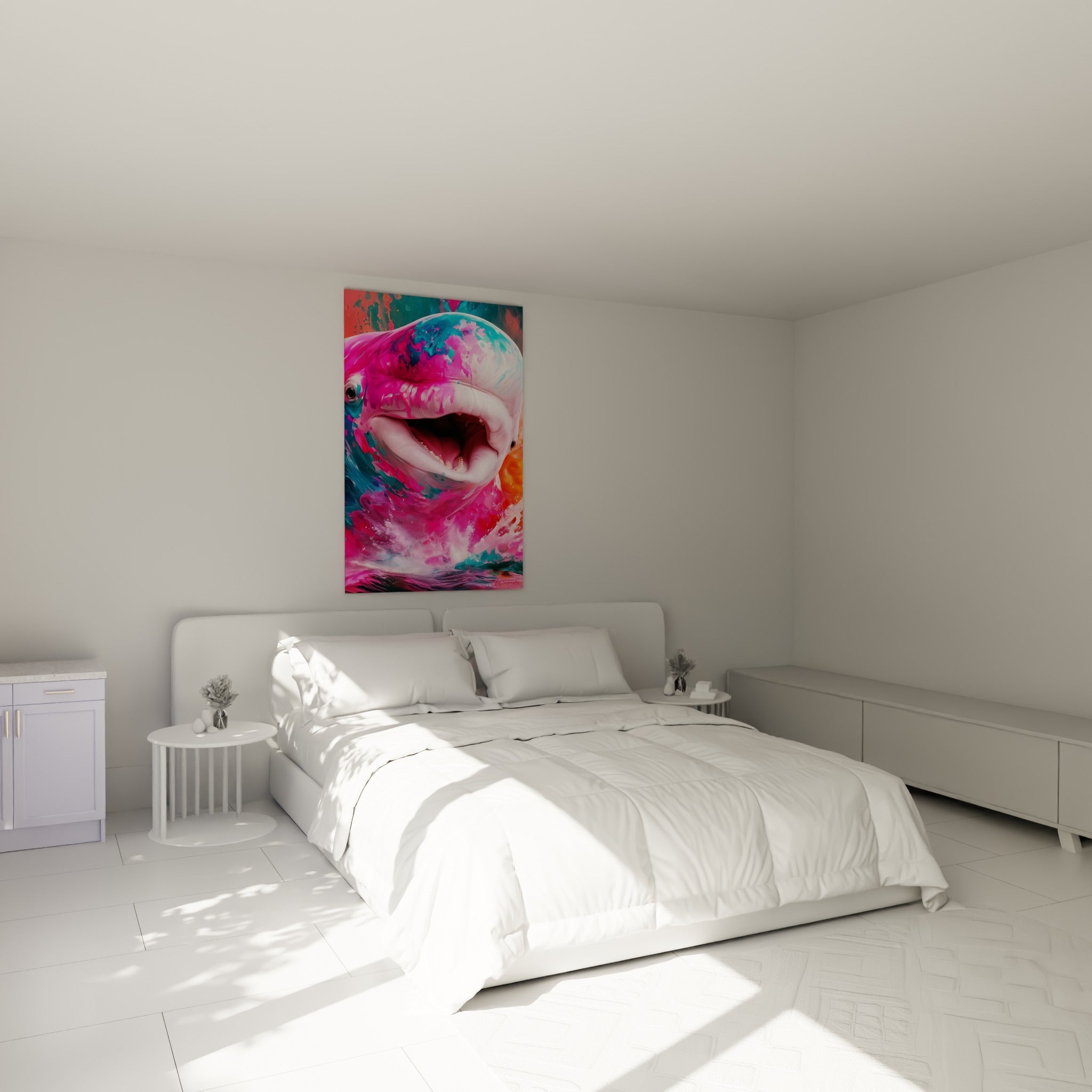 Beluga rose et turquoise en pleine explosion picturale, accroché au-dessus d'un lit dans une chambre claire