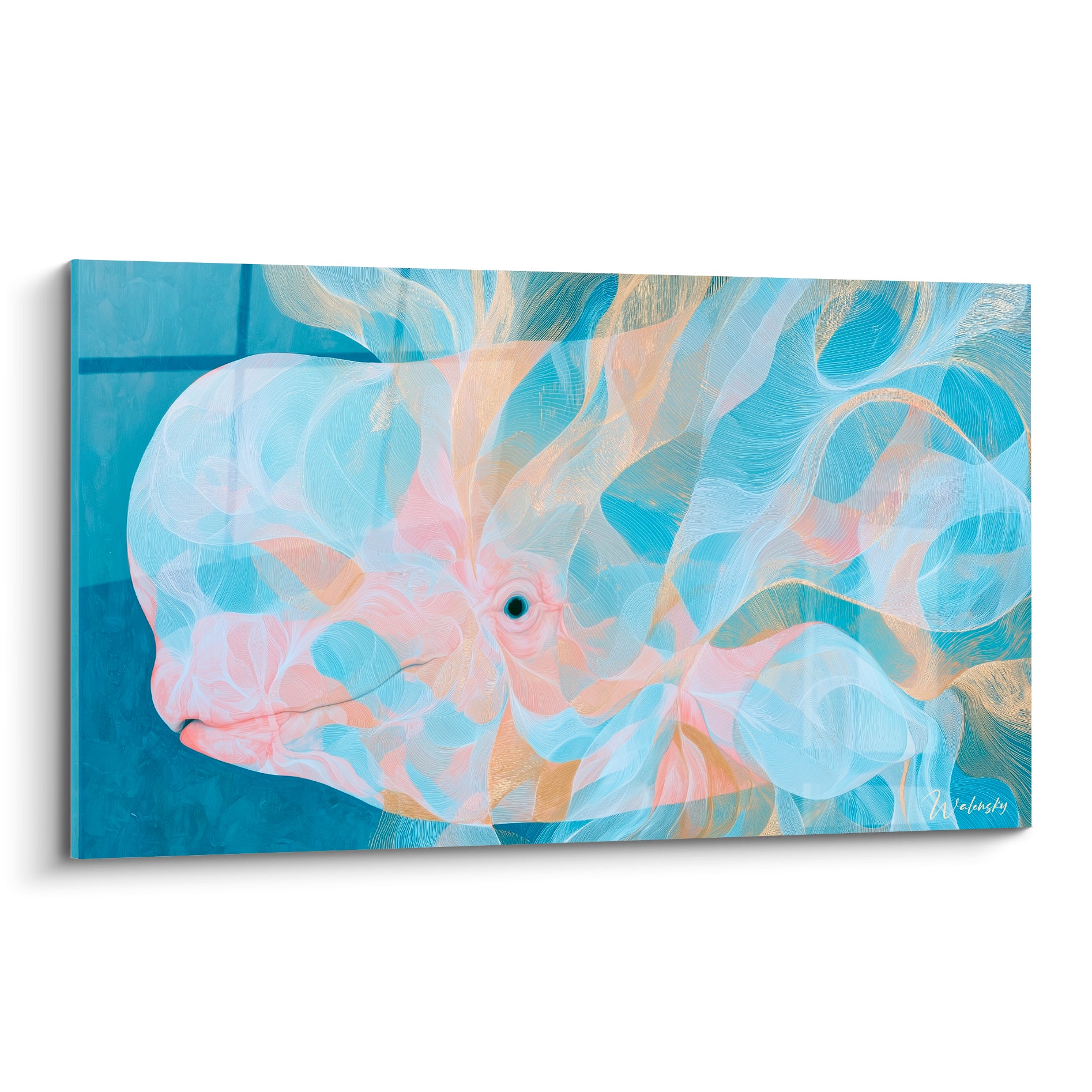 Béluga aux volutes rose poudré et bleu marine, œil sombre au centre d'un tourbillon doré