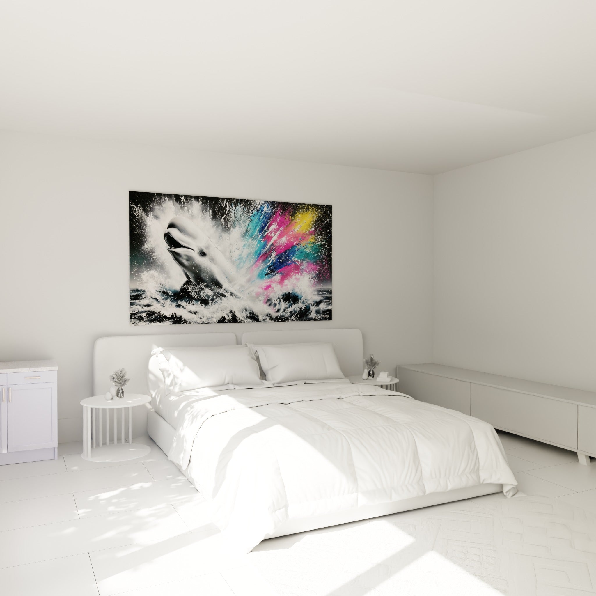 L'animal marin blanc jaillit dans un nuage coloré rose et bleu, accroché au-dessus d'un lit dans une chambre claire