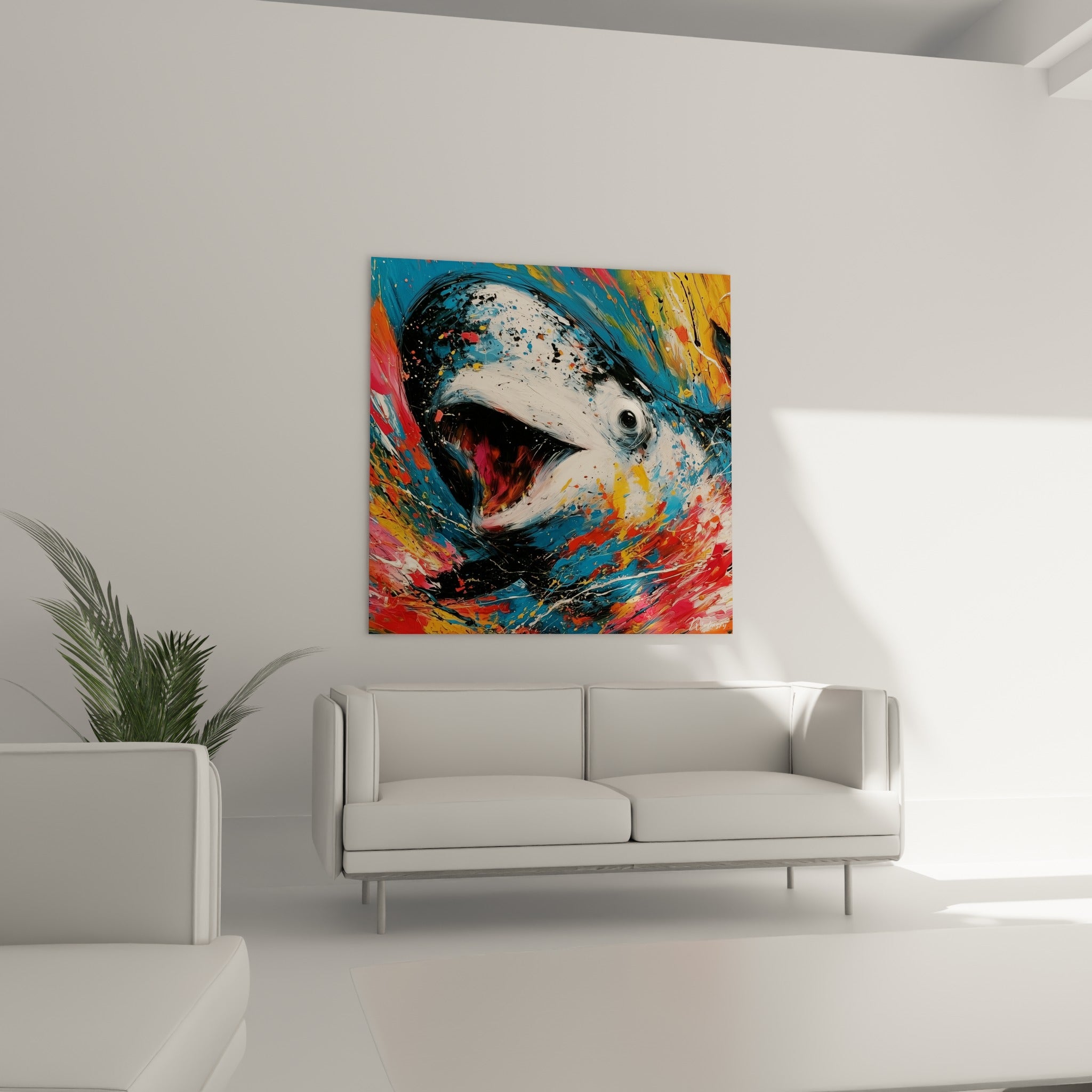 Créature marine expressive aux teintes ocre et bleu marine au-dessus d'un canapé dans un salon lumineux