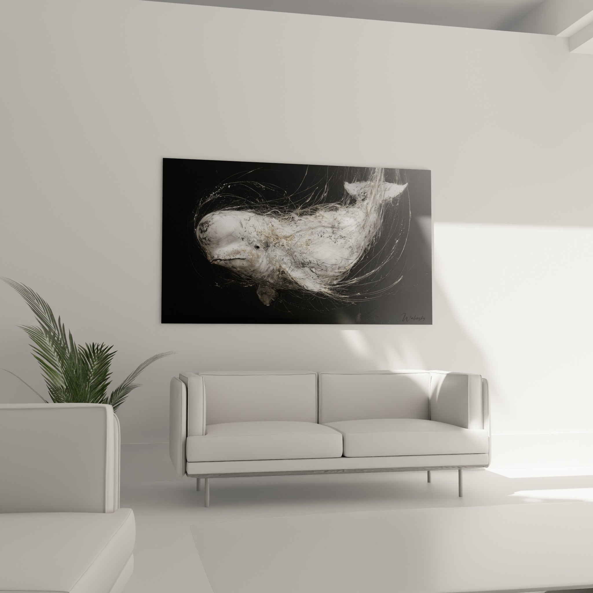 Silhouette laiteuse du beluga sur fond gris sombre, suspendue au-dessus d'un canapé dans un salon lumineux