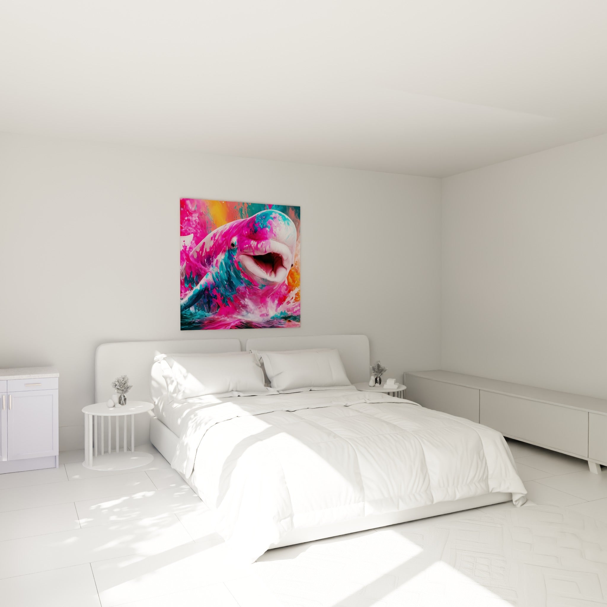 Silhouette du Beluga fuchsia et turquoise en plein saut, accrochée au-dessus d'un lit dans une chambre claire