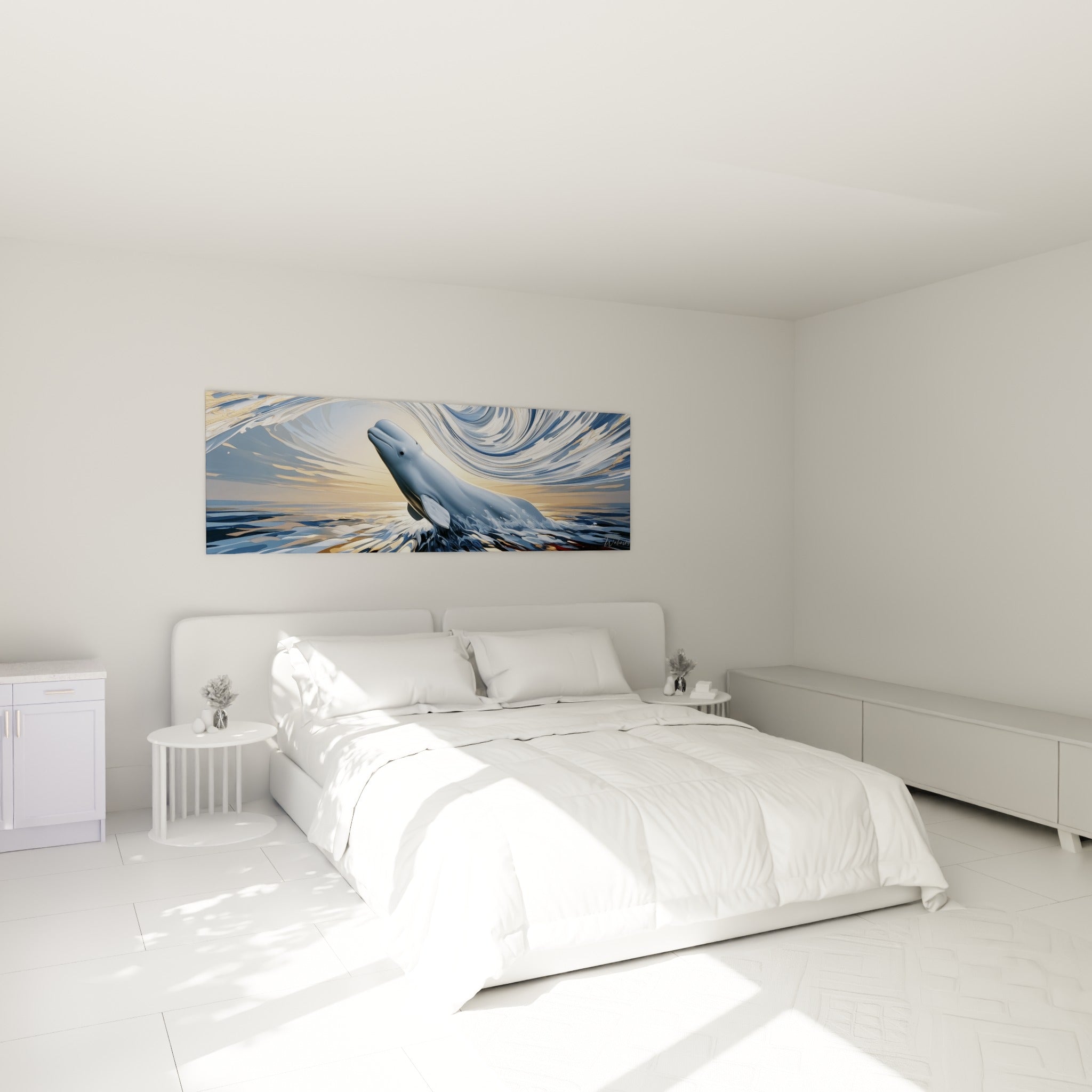 Béluga blanc et bleu ardoise en plein saut au-dessus d'un lit dans une chambre claire