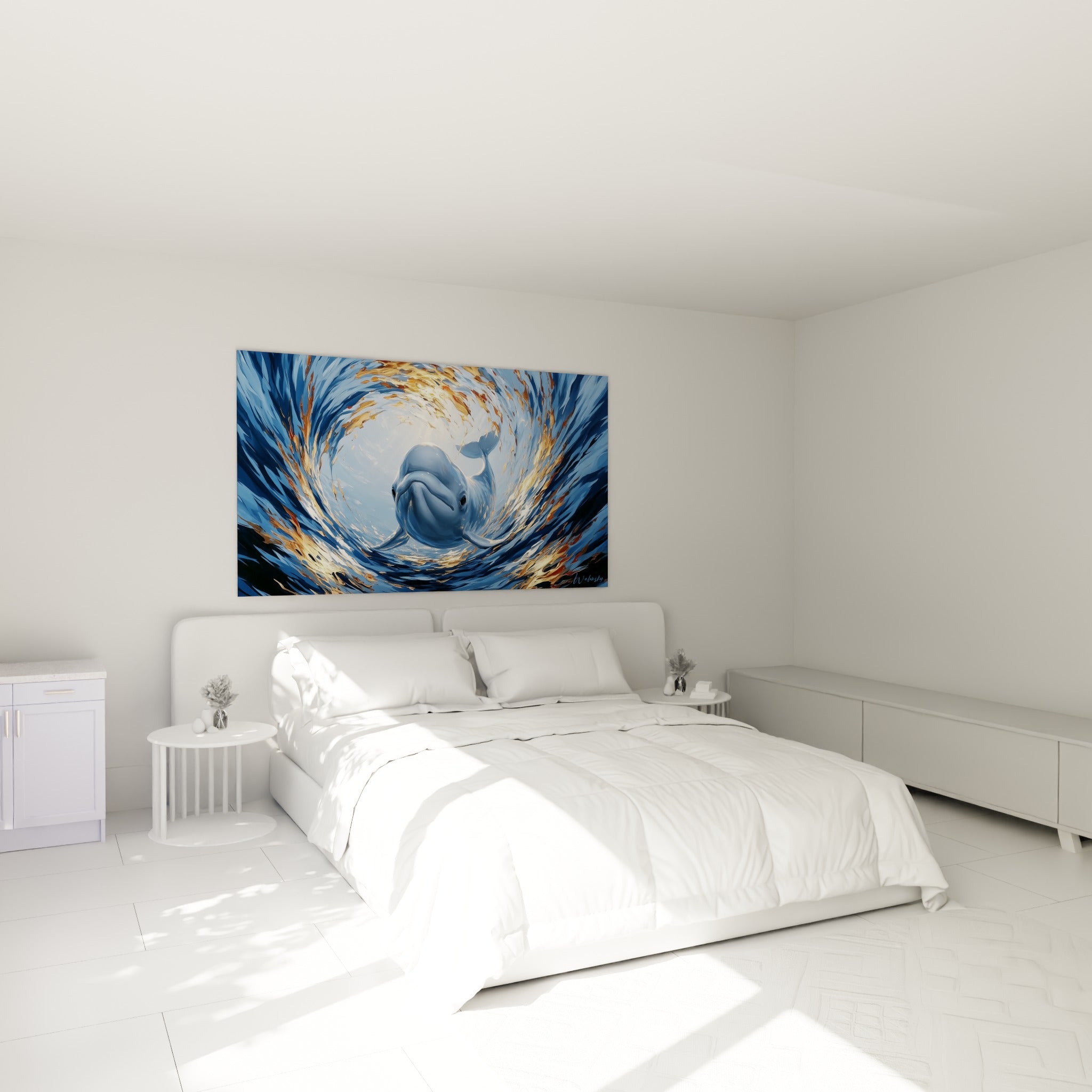 Créature marine bleu pâle et dorée dans un tourbillon, accrochée au-dessus d'un lit dans une chambre claire