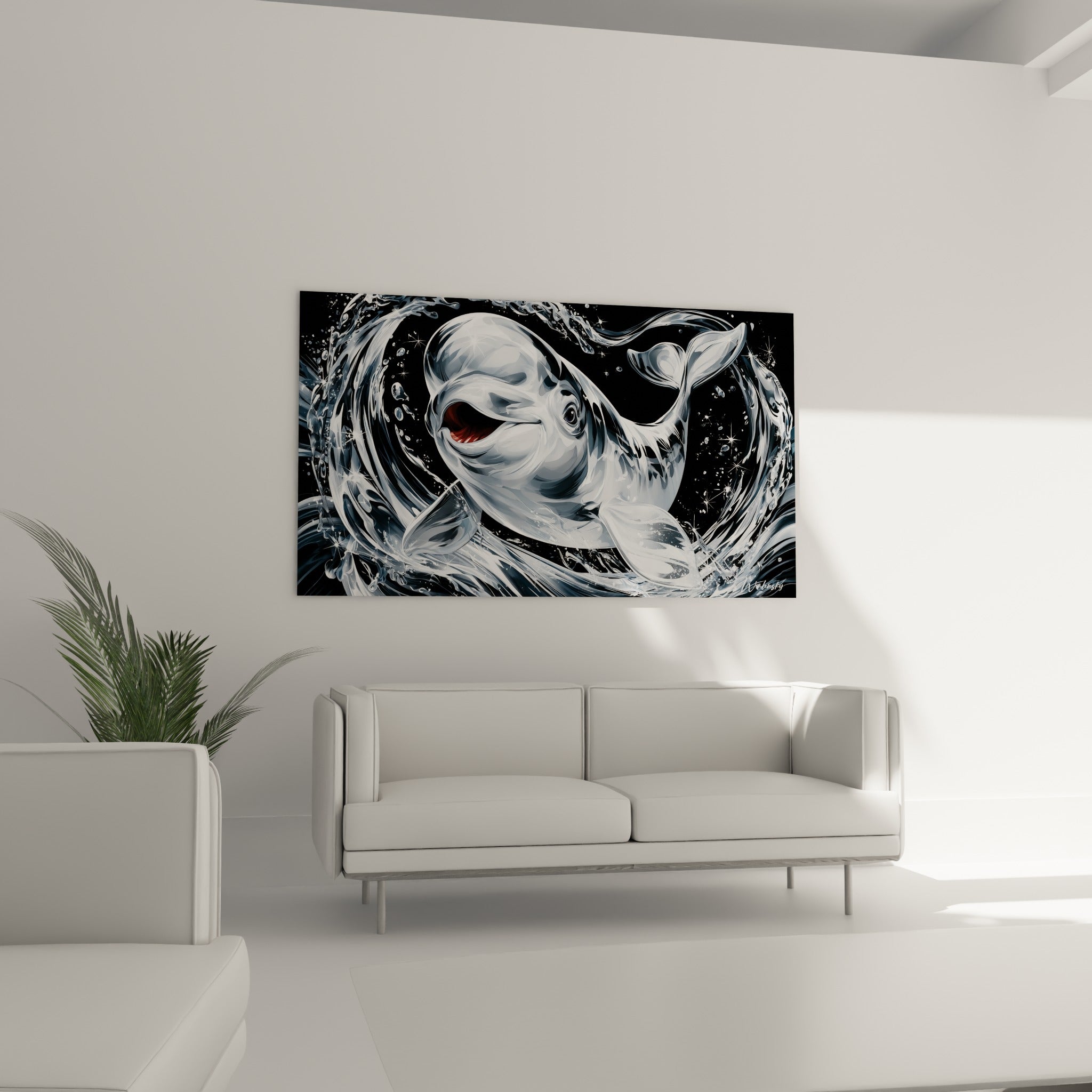 Créature marine blanche et anthracite surgissant d'une spirale d'écume, au-dessus d'un canapé dans un salon lumineux