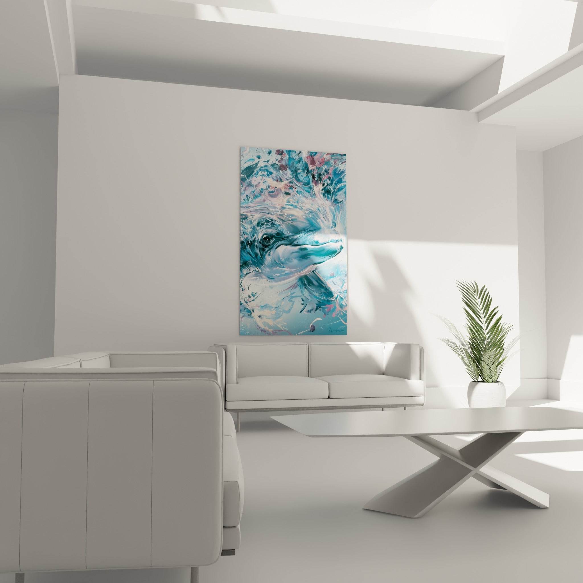Tête de Beluga aux tons anthracite et pastel accrochée au-dessus d'un canapé dans un salon lumineux