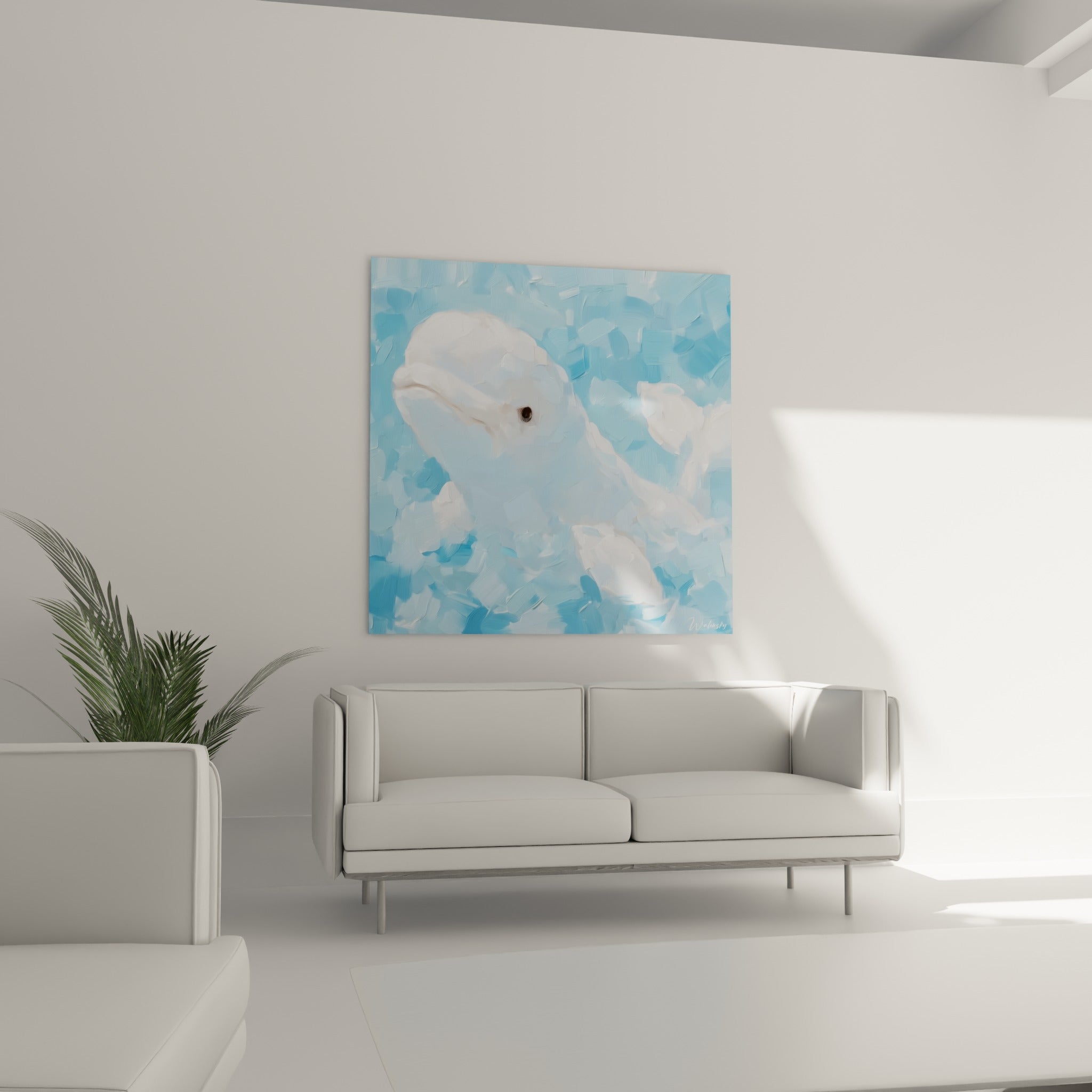 Mammifère marin blanc et bleu ciel peint en larges touches, suspendu au-dessus d'un canapé dans un salon lumineux